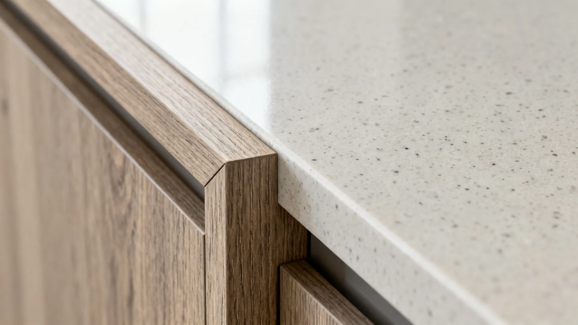 Macro of a wood-look laminate edge meeting a pale quartz countertop.