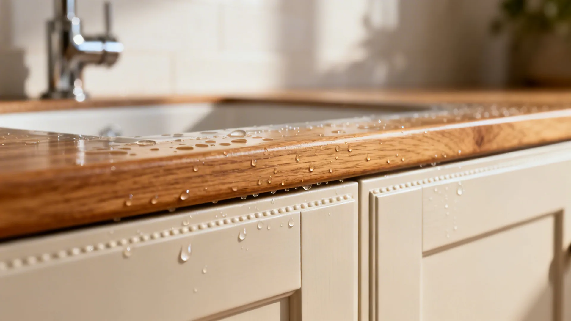 Macro of sealed oak edge banding on a light cabinet door with water beading near the sink.