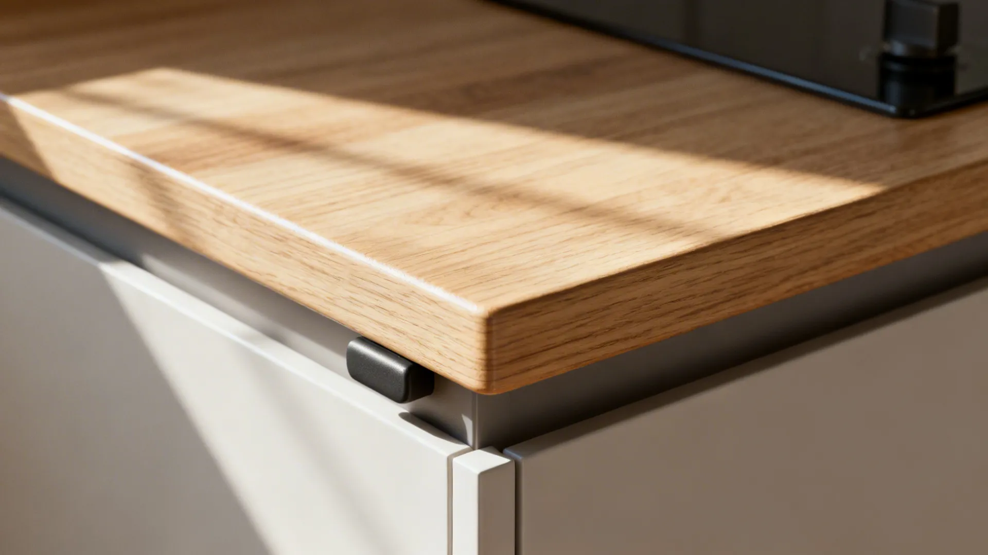 Macro of light oak veneer edge with protective finish and subtle grain.