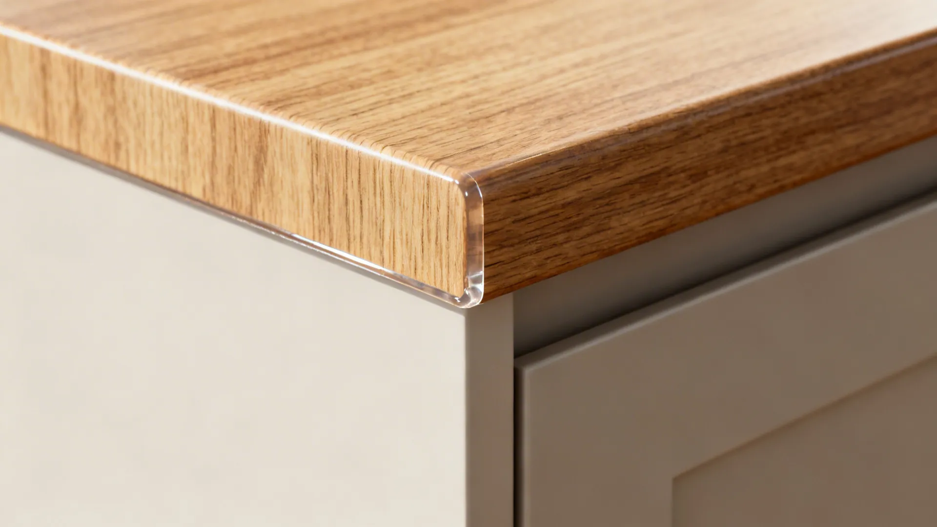 Close up view of wooden countertop edge with clear plastic corner protector on grey cabinet
