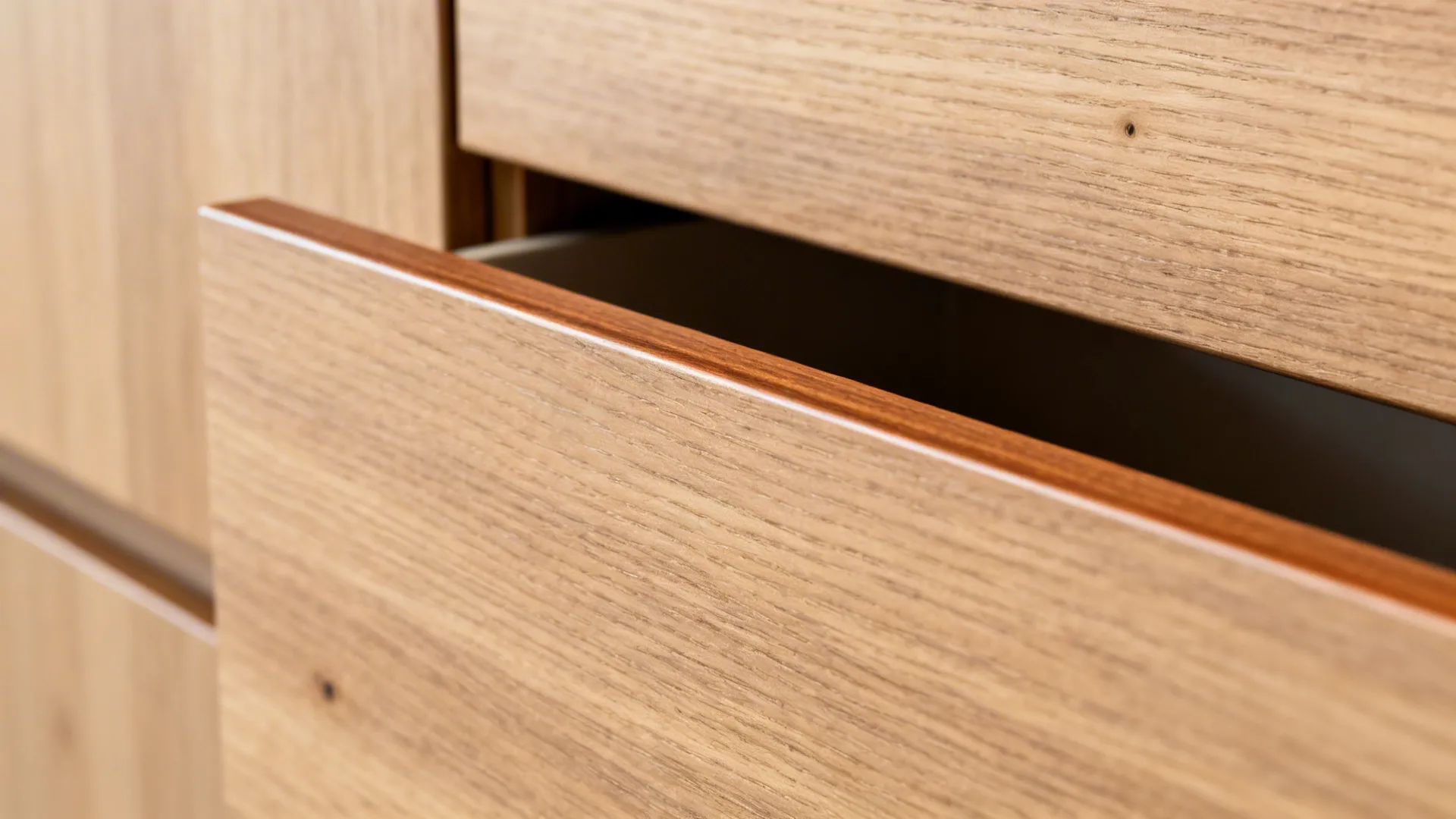 Macro of oak drawer with satin finish and a precise 1–2mm edge band showing aligned wood grain.