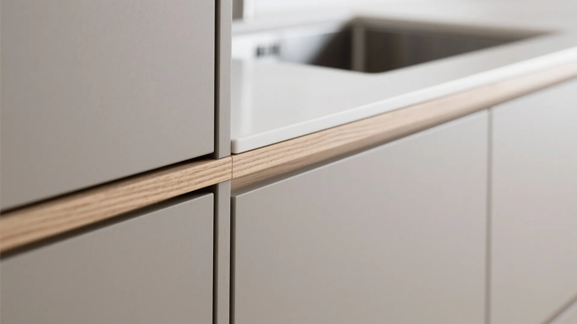 Close up of grey kitchen cabinets with wooden trim and white counter near a sink