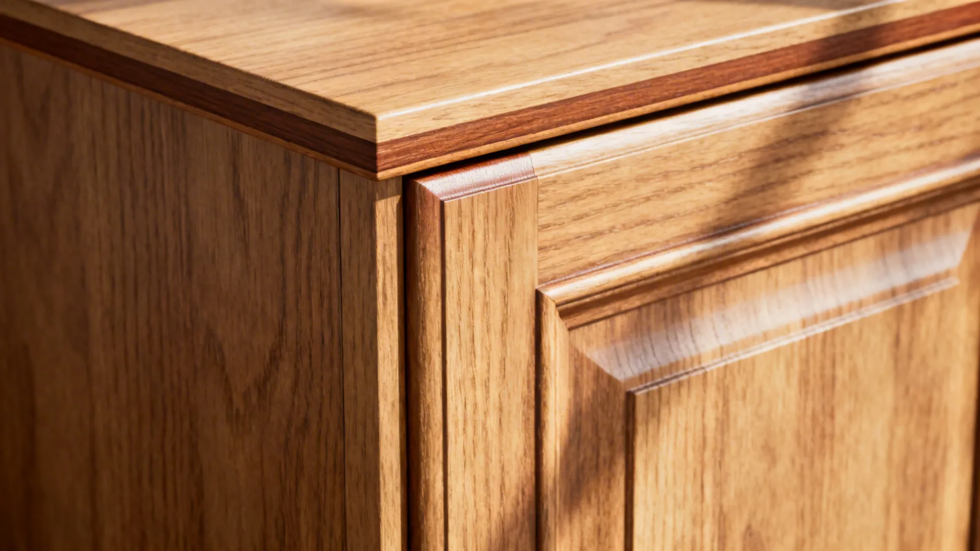 Close-up of oak cabinet edge with 2 mm edge banding and aligned grain.