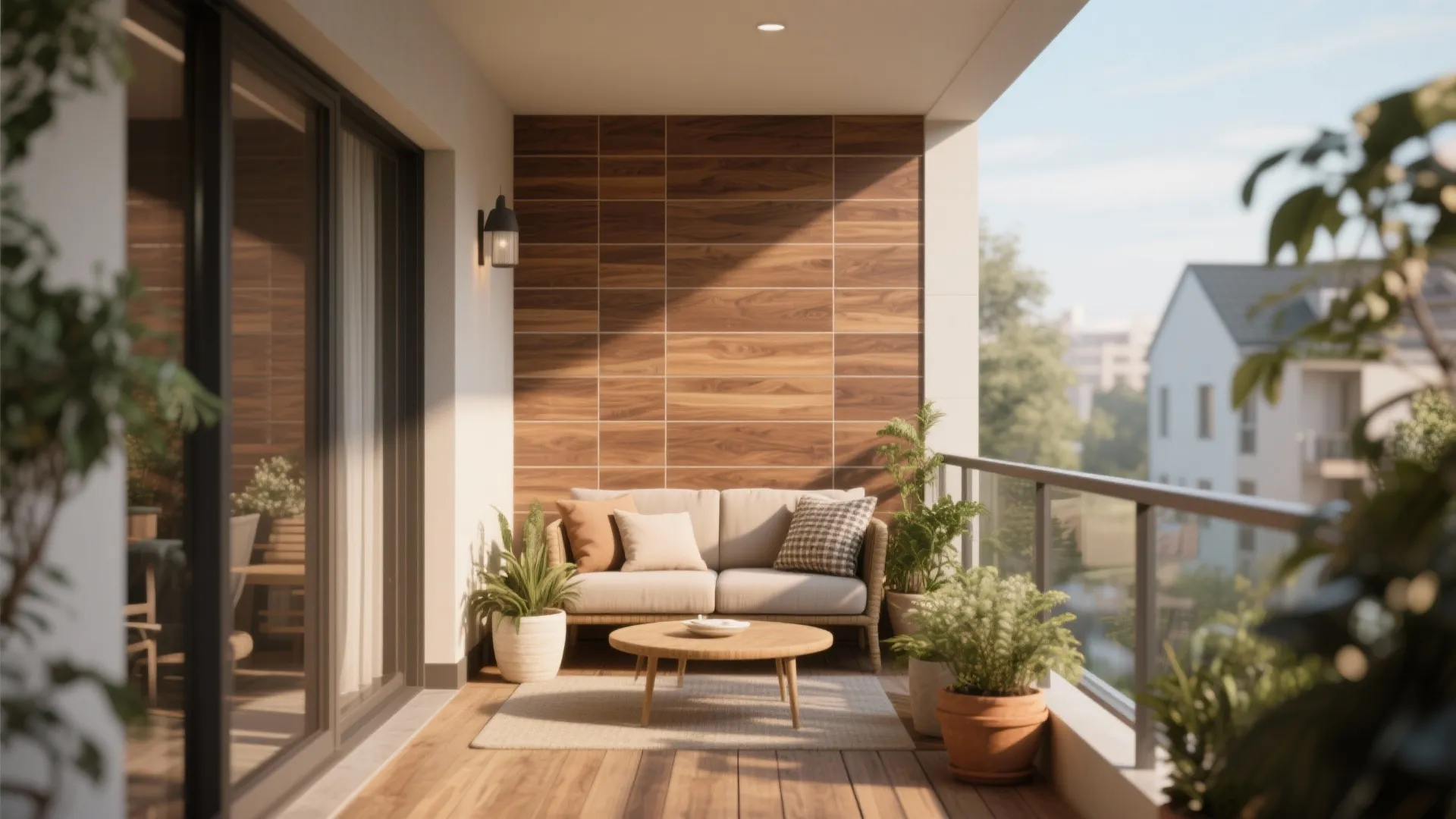 Modern balcony with wood wall tiles sofa wooden coffee table green plants and glass railing