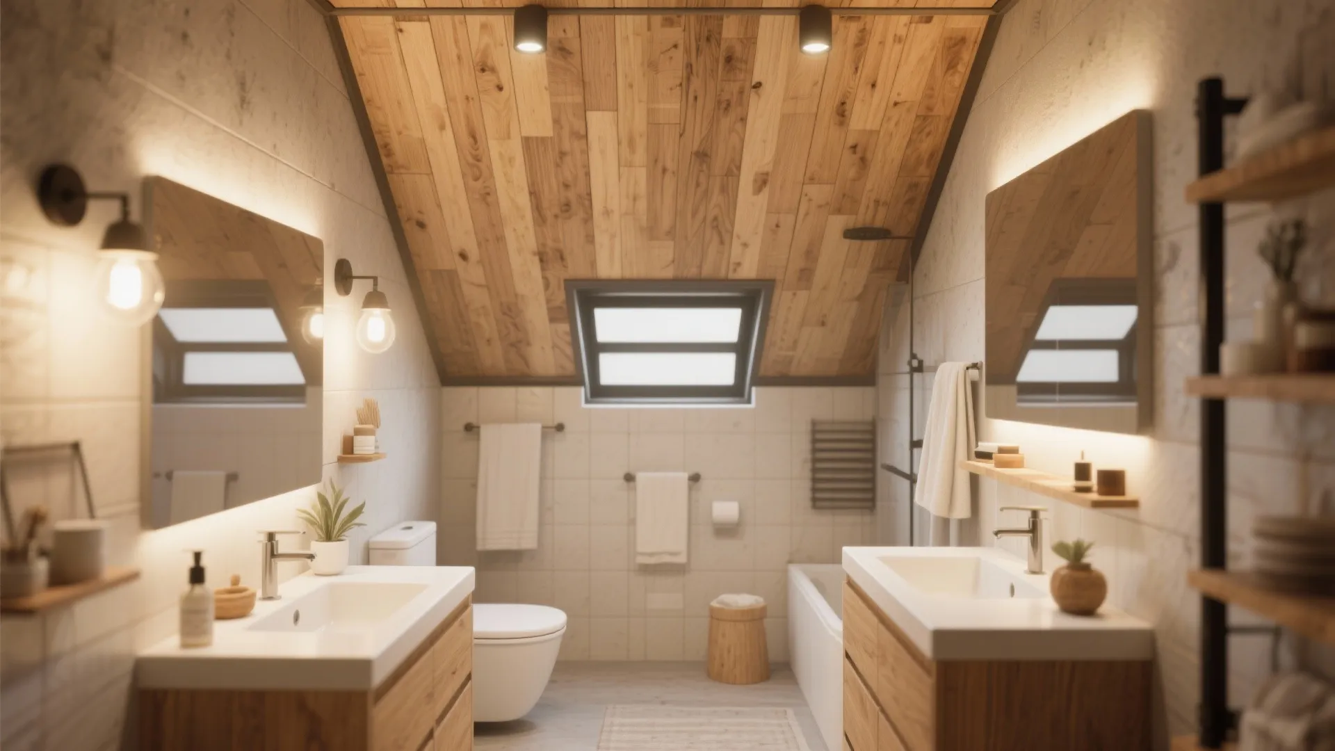 Modern bathroom with wood panel ceiling and small window plus double sinks and white toilet