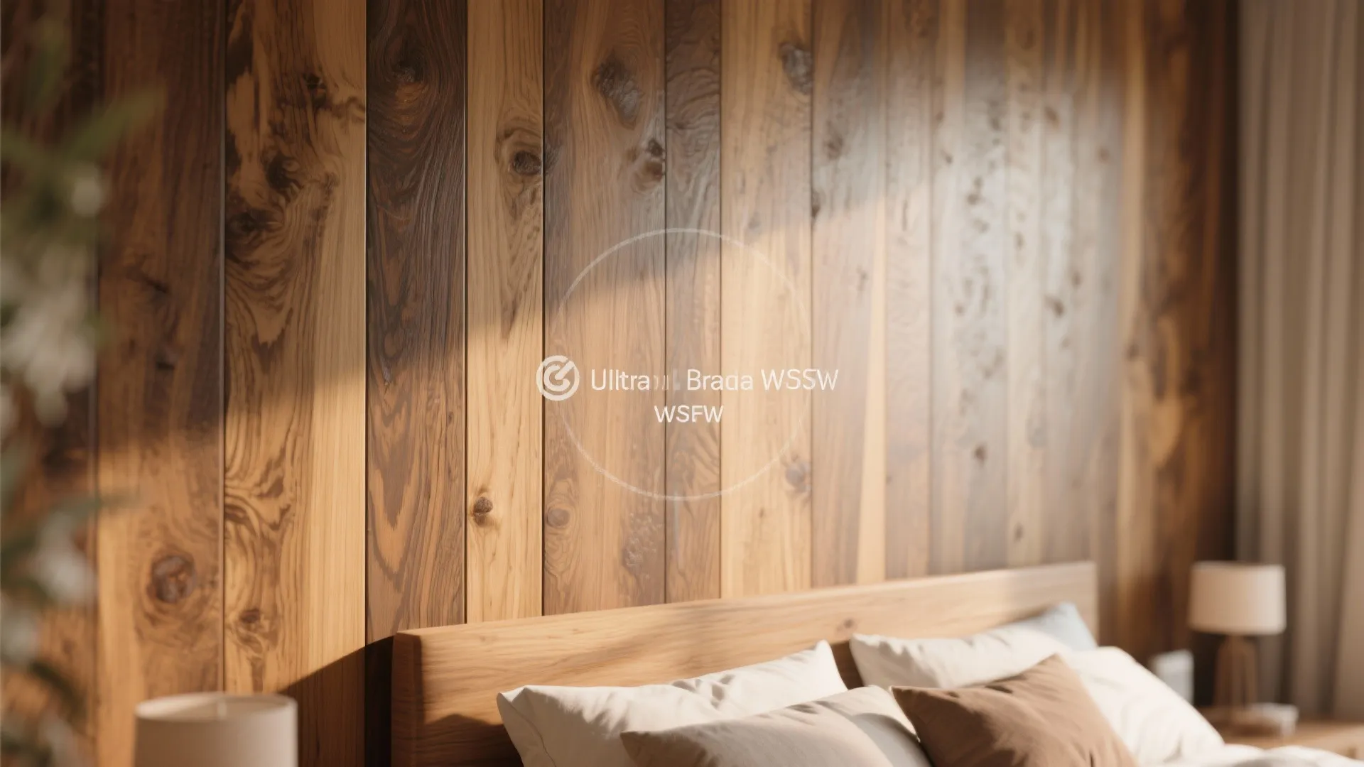 Bedroom interior design drawing showing natural wood wall panel behind a bed with white pillows