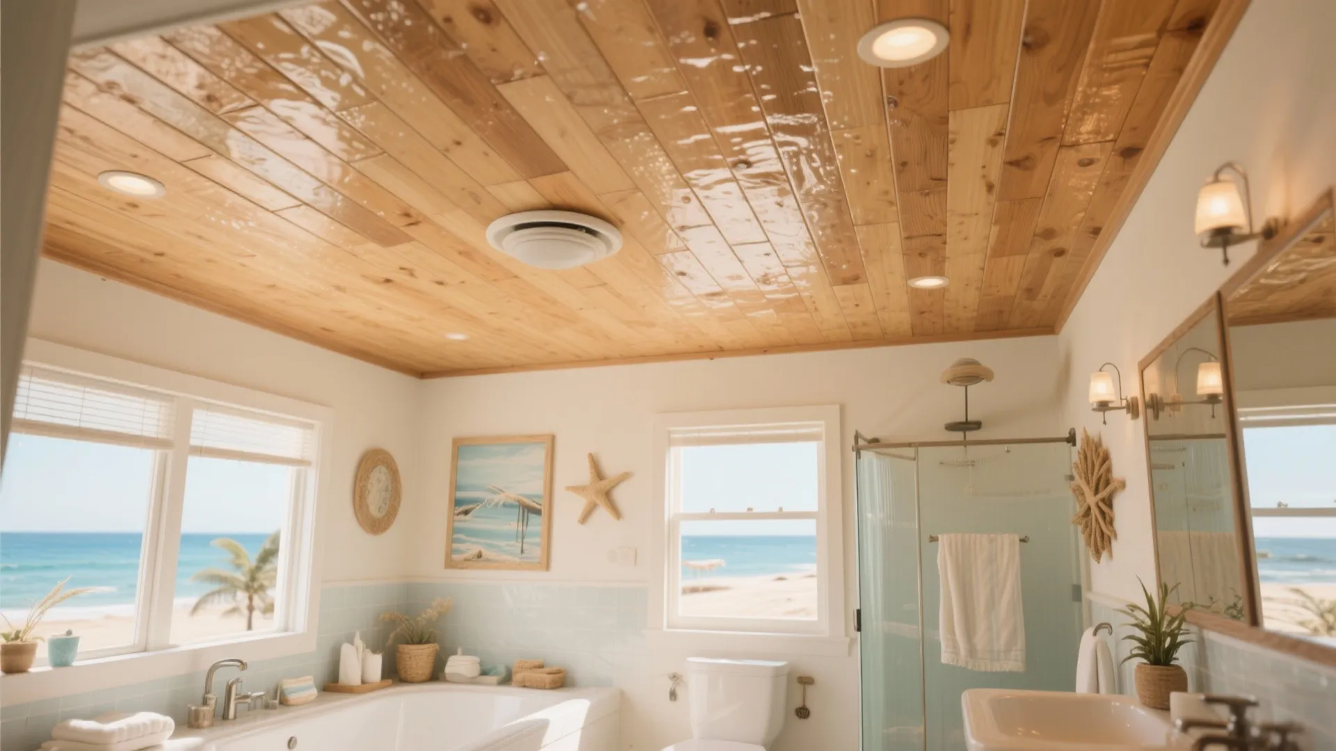 Coastal bathroom featuring wood panel ceiling with recessed lights white bathtub and beach view windows