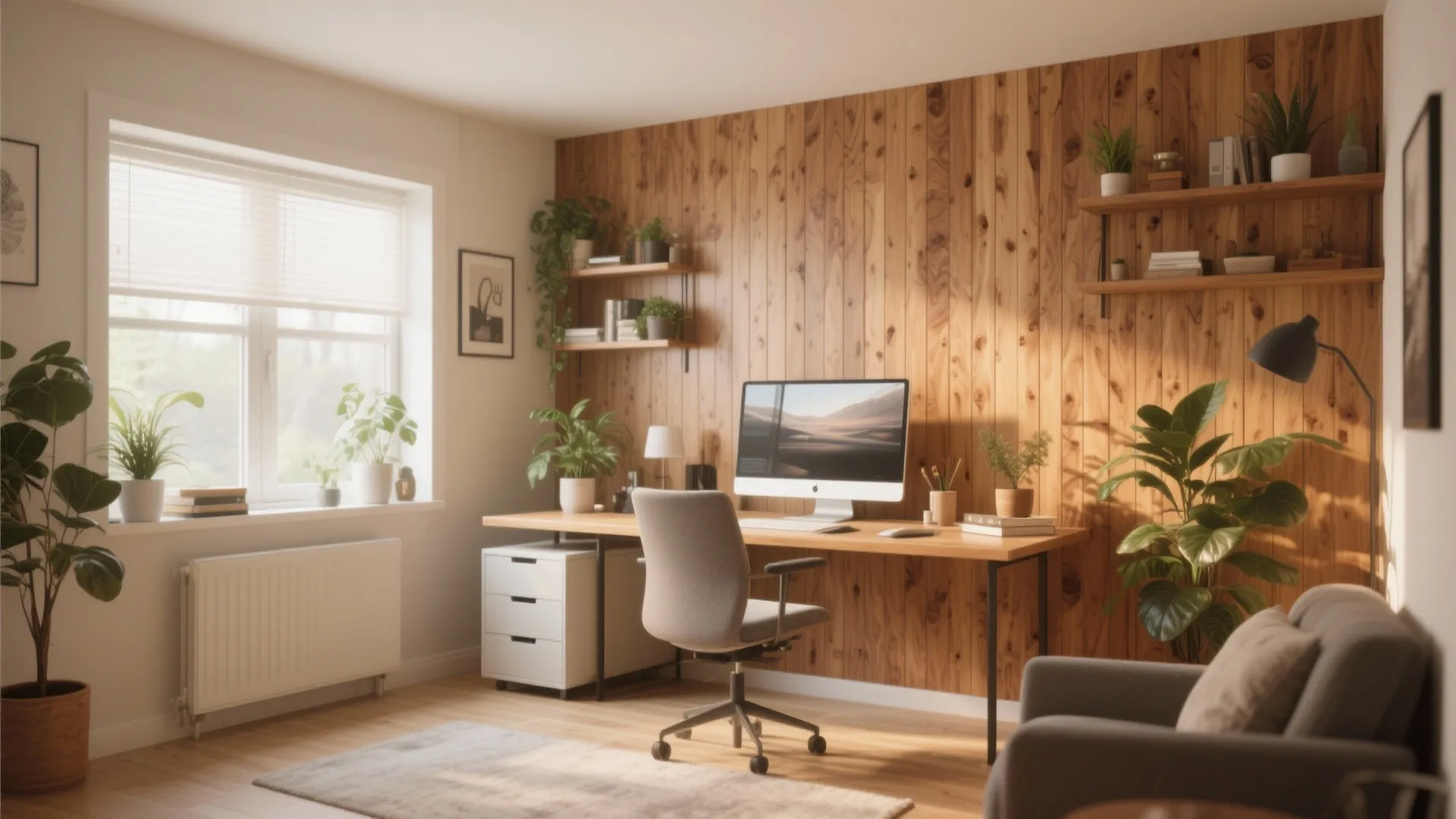 Home office with wood wall panel desk computer chair shelves plants and bright natural windows