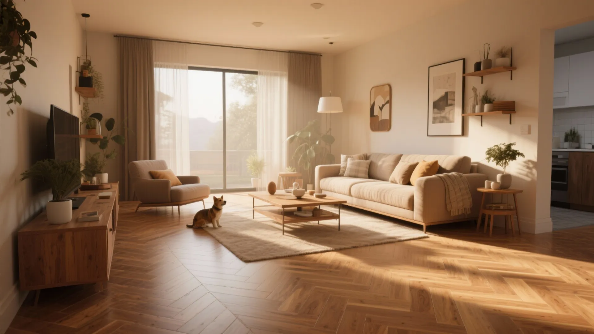 Living room with wood-effect ceramic tiles and warm decor