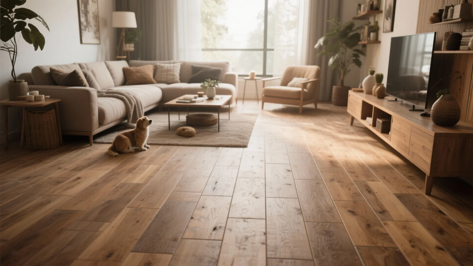 Modern living room featuring light wood flooring a beige sofa television cabinet and a small dog