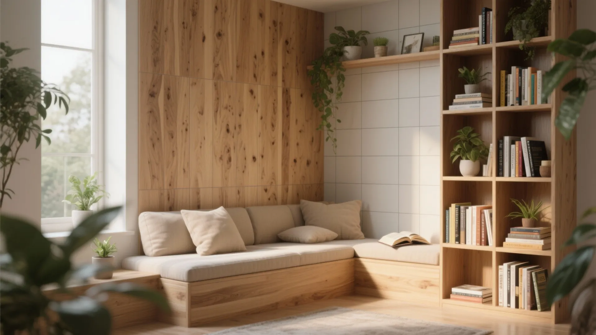 Cozy reading corner with wooden wall panel, soft bench sofa, large bookshelf, and green plants