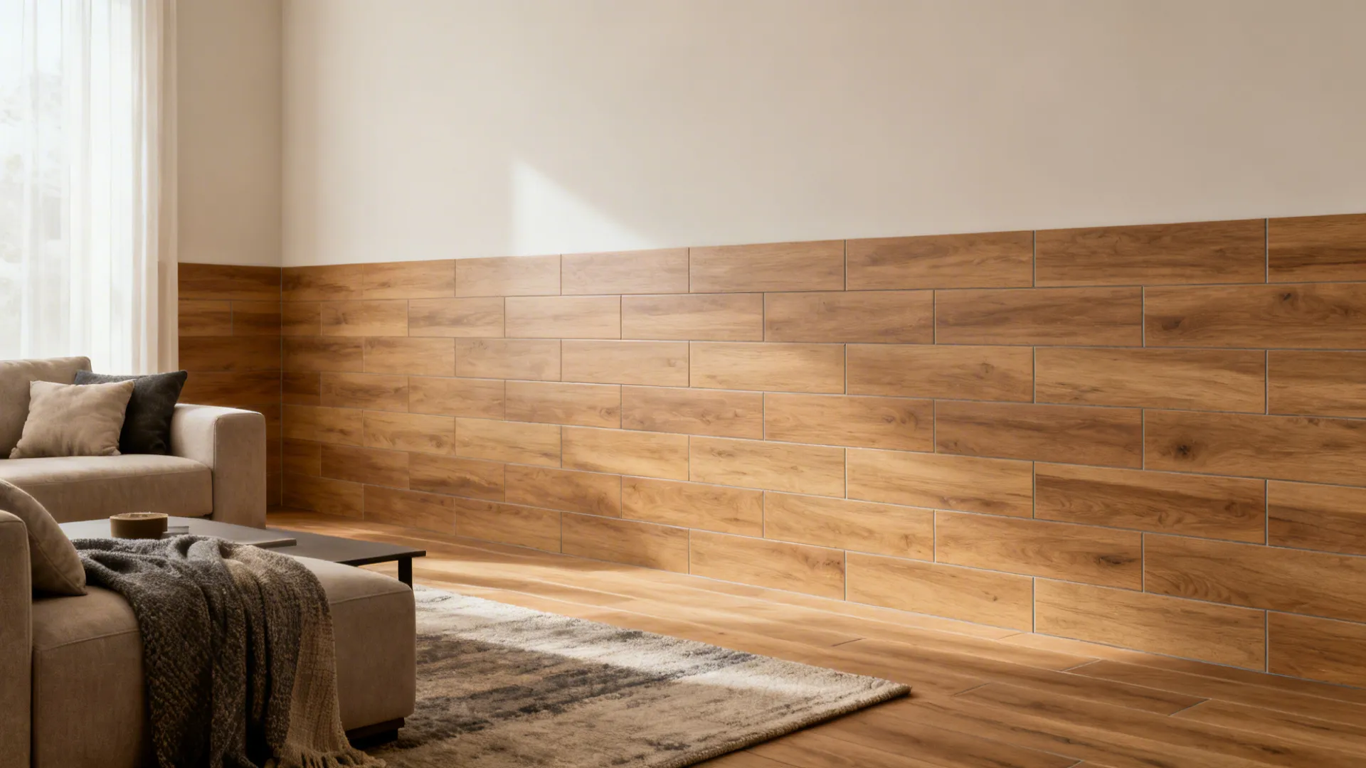 Modern living room with horizontal wood-look tile wainscot and warm daylight.
