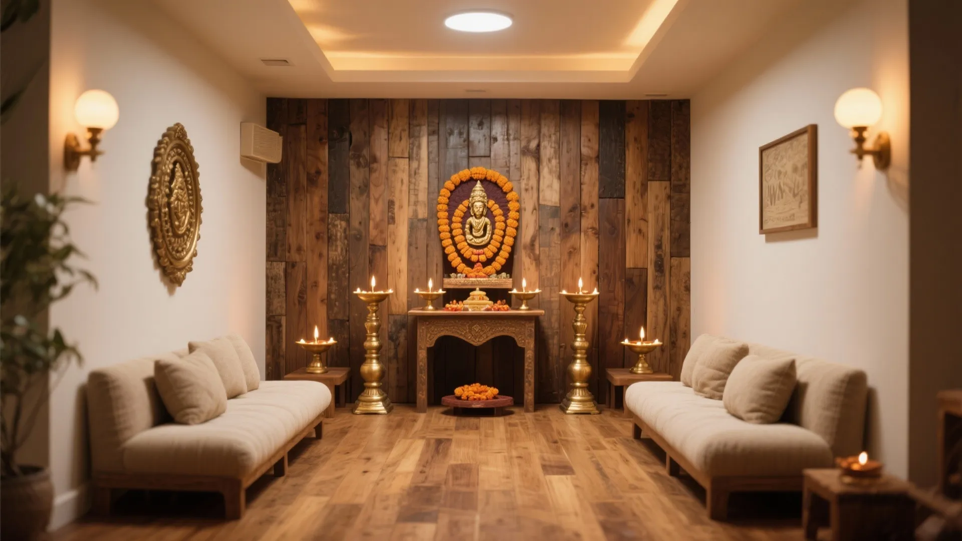 Meditation room with wood wall panel, golden statue, orange flowers, beige sofas, and warm lighting