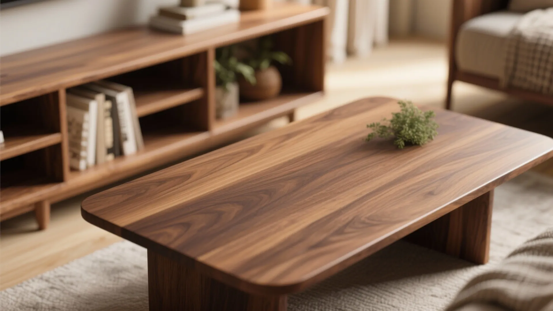 Wooden coffee table in modern living room with matching wooden cabinet and soft floor rug
