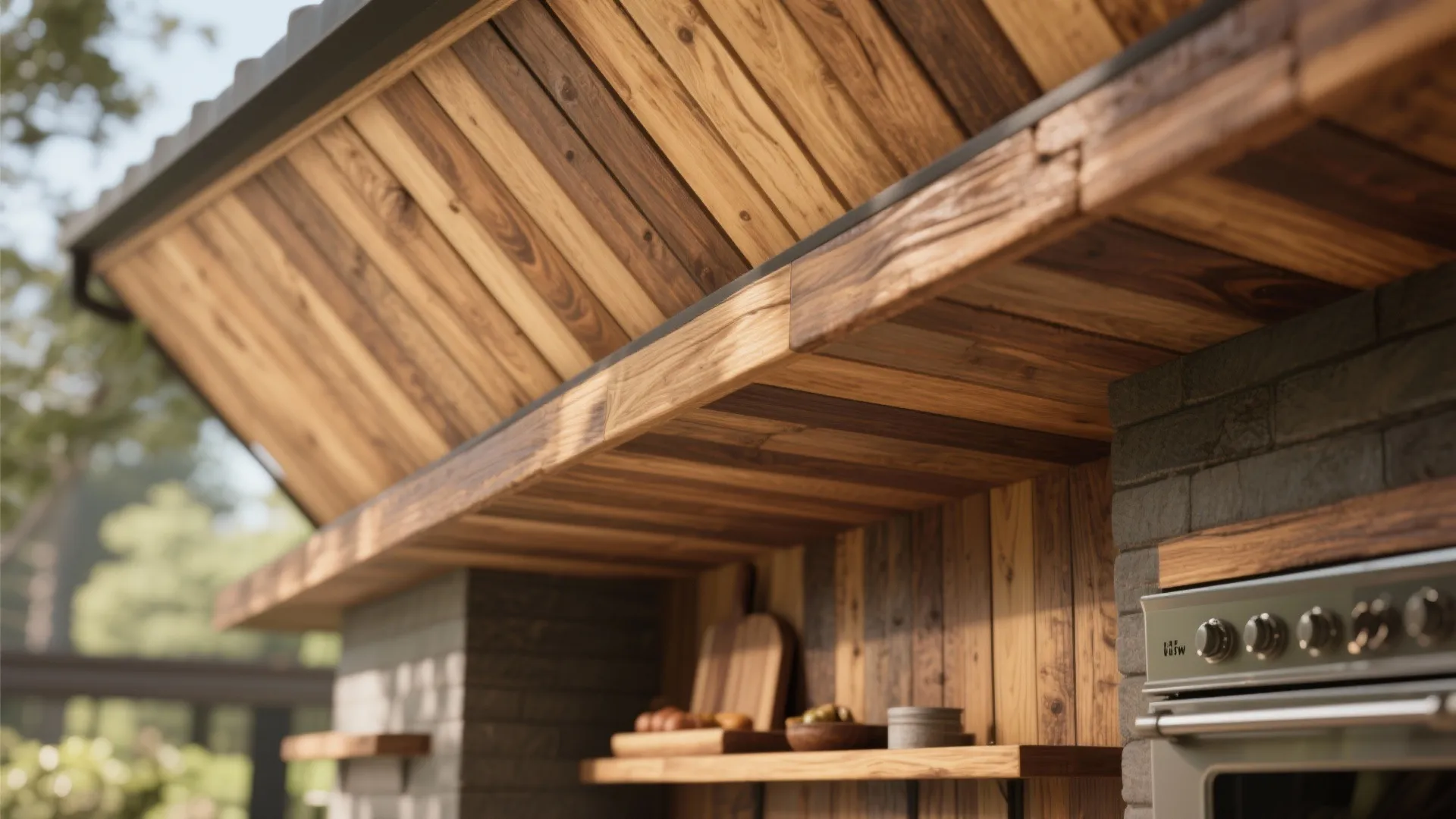 Outdoor kitchen area featuring natural wood ceiling panels grey brick walls and a metal oven