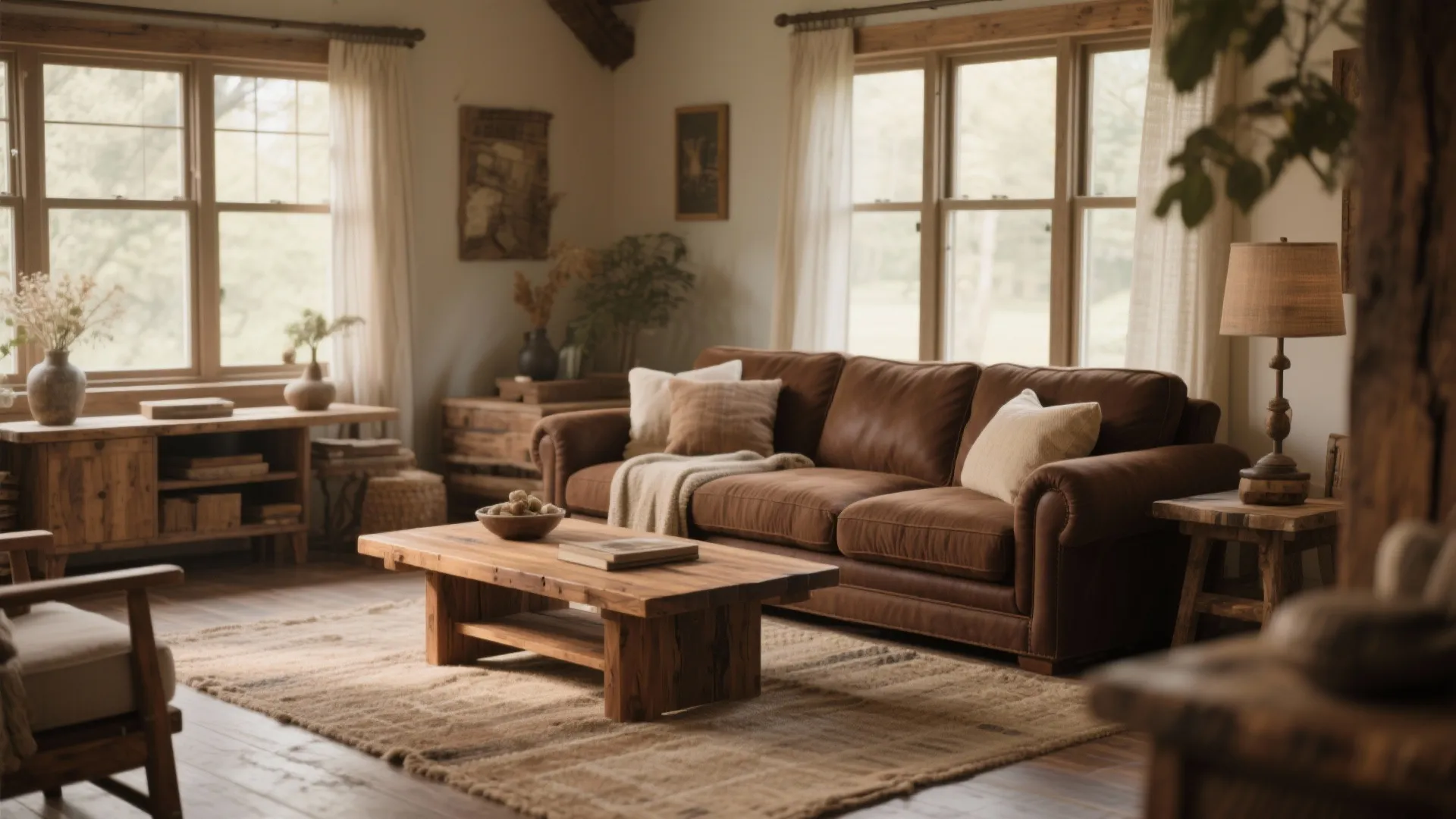 Brown sofa with walnut table in a rustic styled living room