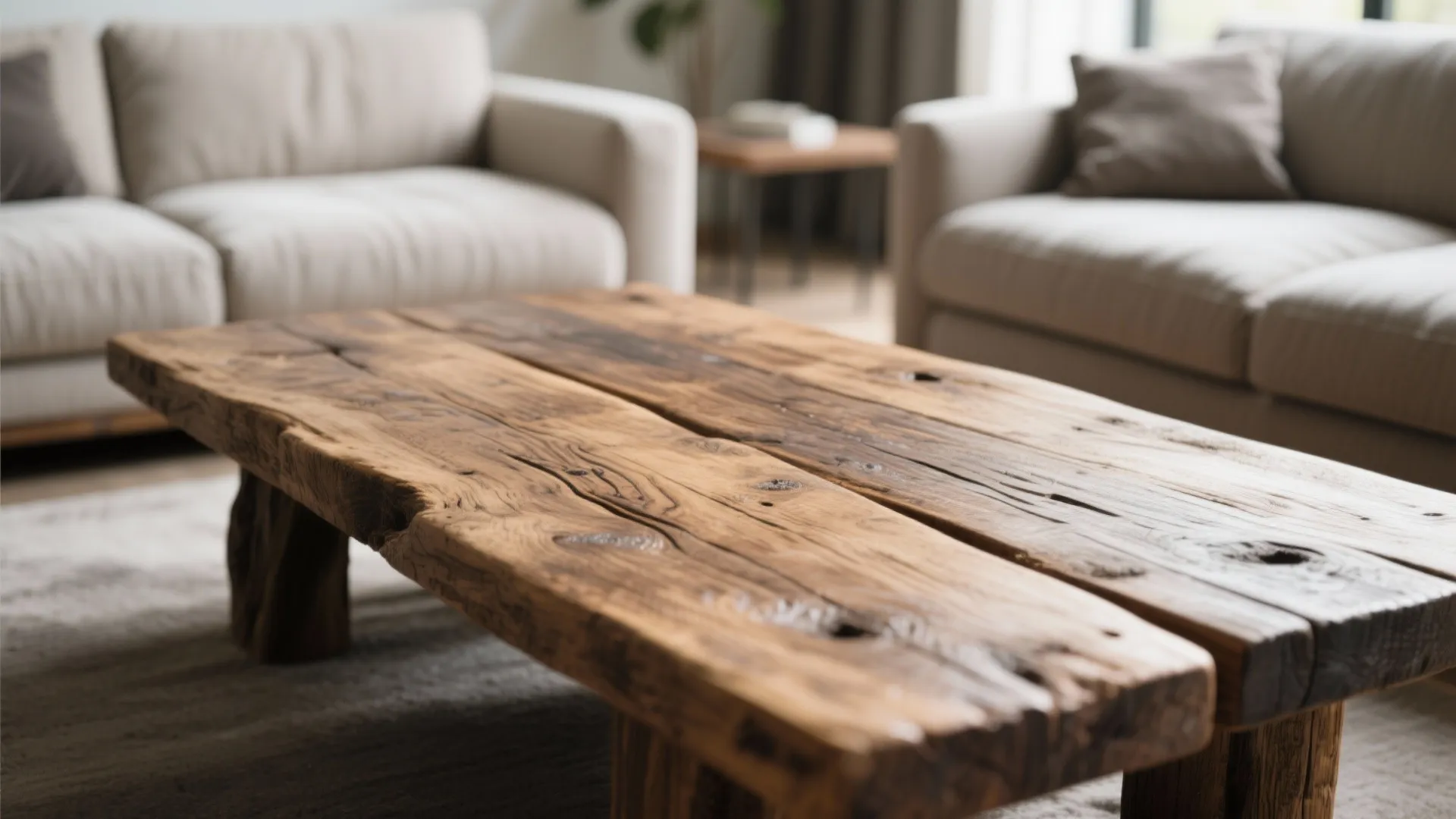 Close up of rustic natural wood coffee table in a modern living room soft beige sofas
