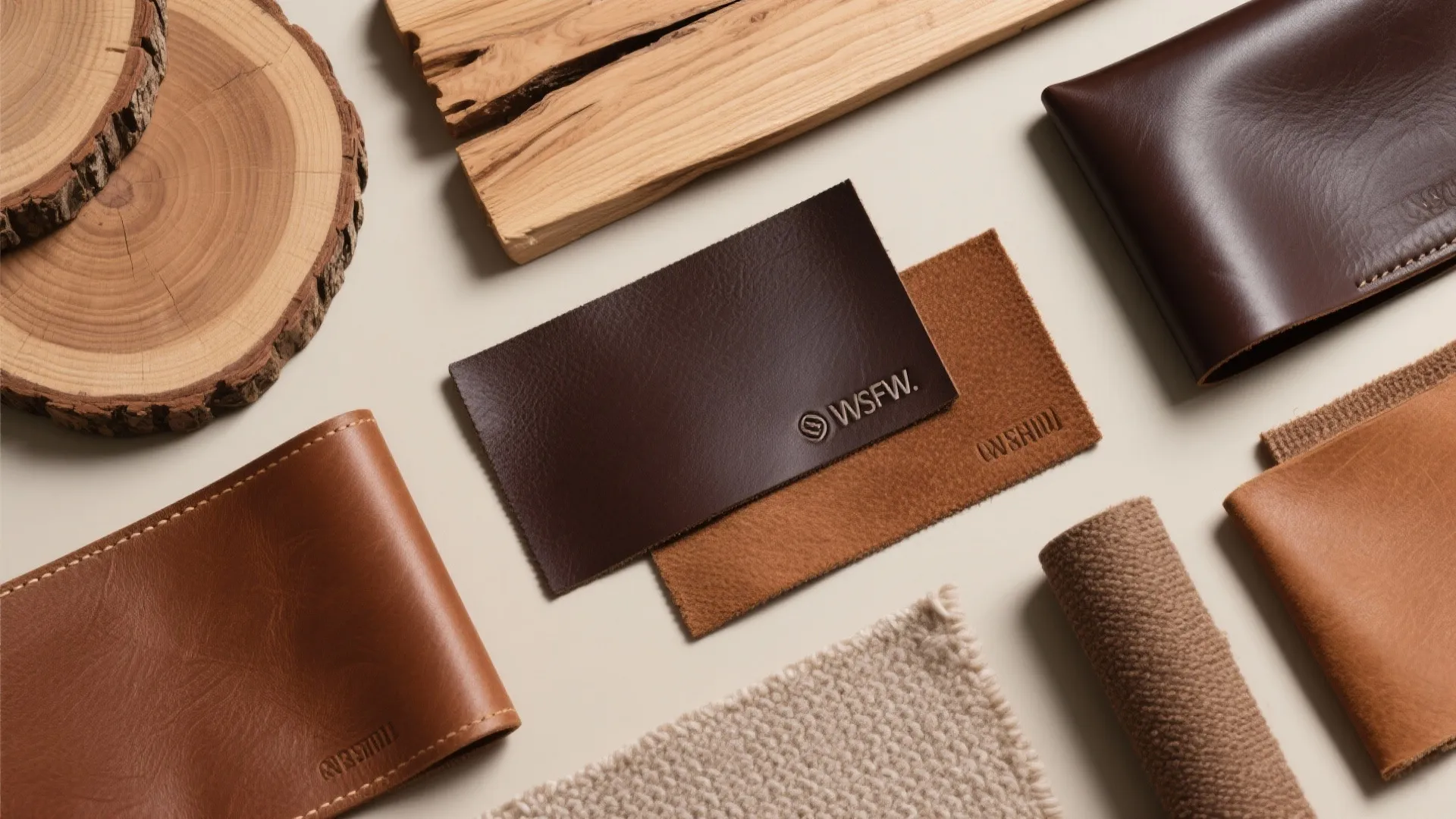 Wood textures and leather swatches in warm neutral tones