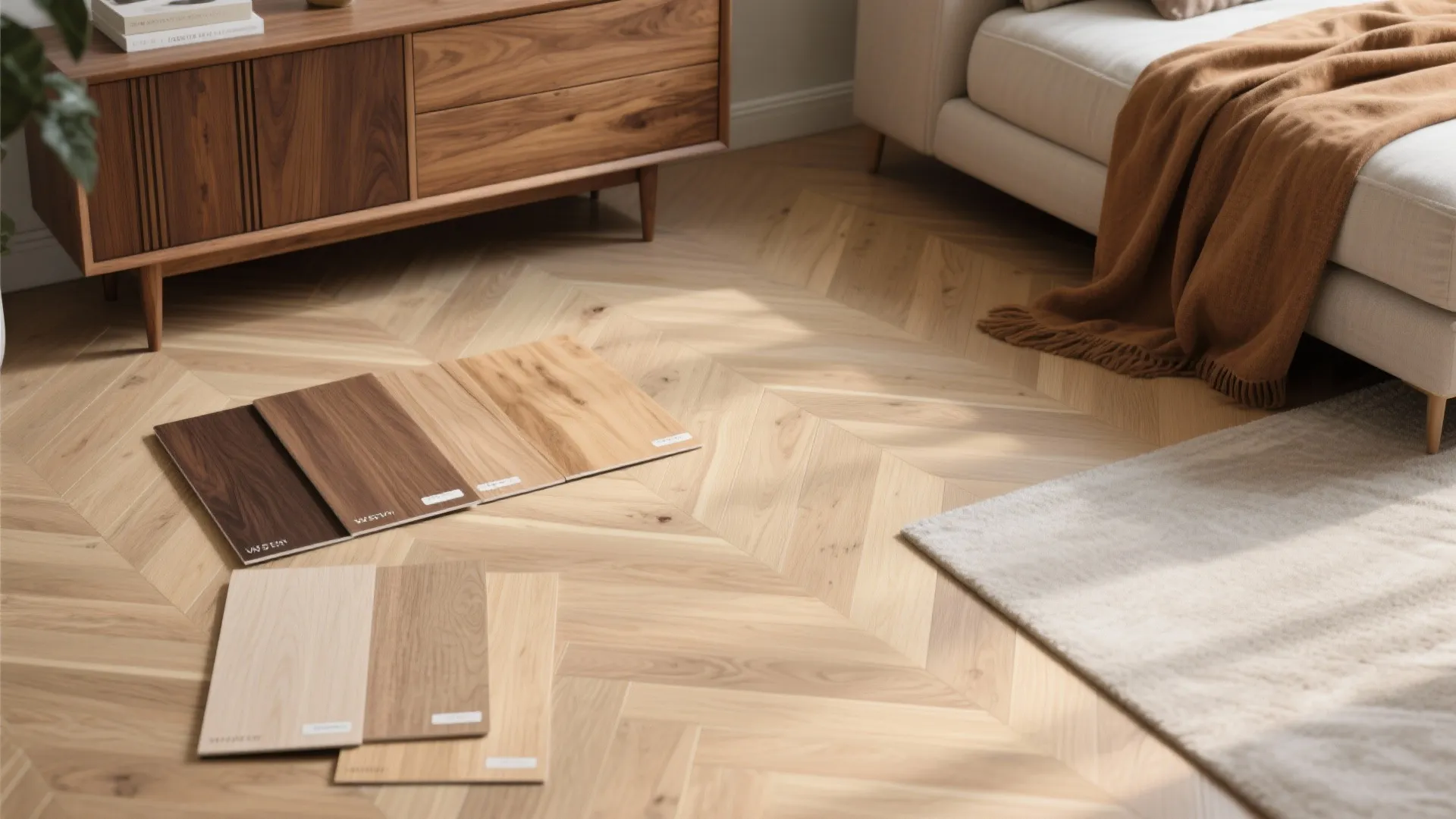 Various wood flooring samples on a herringbone wooden floor next to a sofa and cabinet