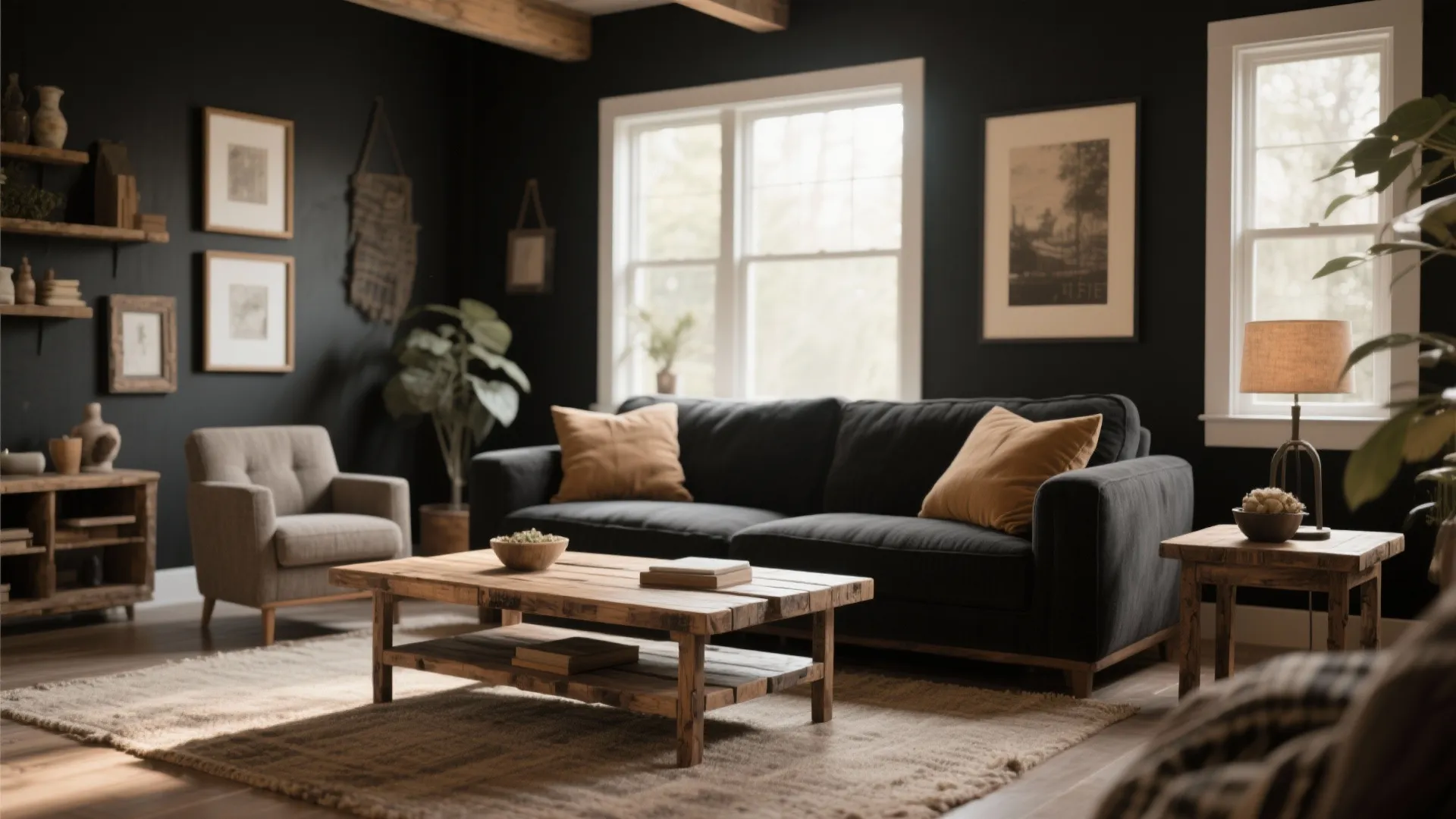 Modern living room with black walls wood coffee table grey sofa armchair and white windows