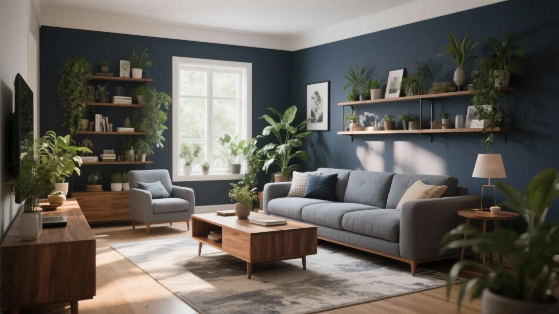 Modern blue living room with grey sofa wooden coffee table many green plants and natural light