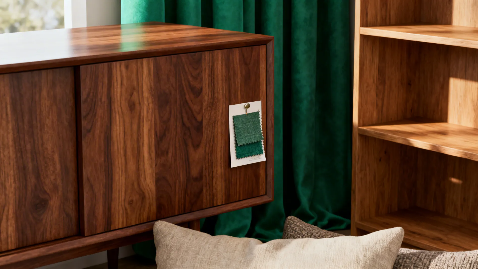 Warm walnut and oak furniture paired with emerald green curtains in a cozy living room corner.
