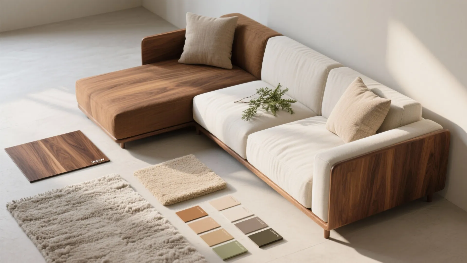 L-shaped sofa with white fabric and wood frame next to carpet samples and color swatches