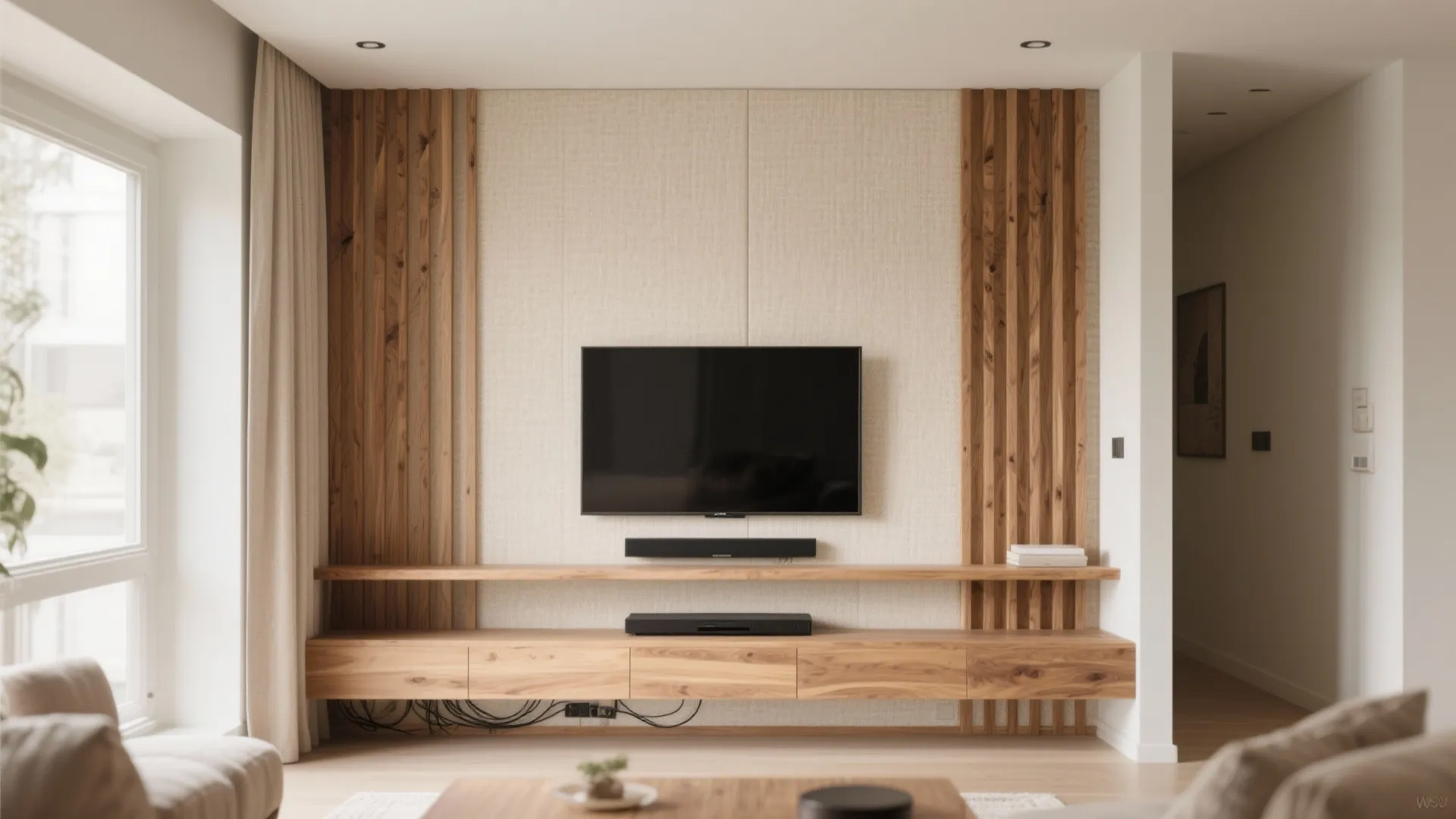 Modern living room featuring wall mounted television wooden wall panels floating shelf and long wooden cabinet