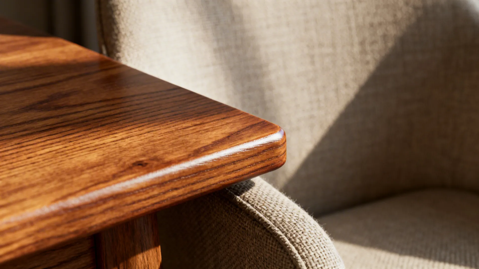 Close up view of a wooden table corner and a beige fabric chair in sunlight