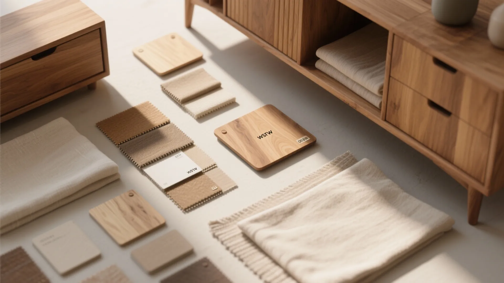 Interior design material samples including wood blocks and fabric swatches arranged on a light floor