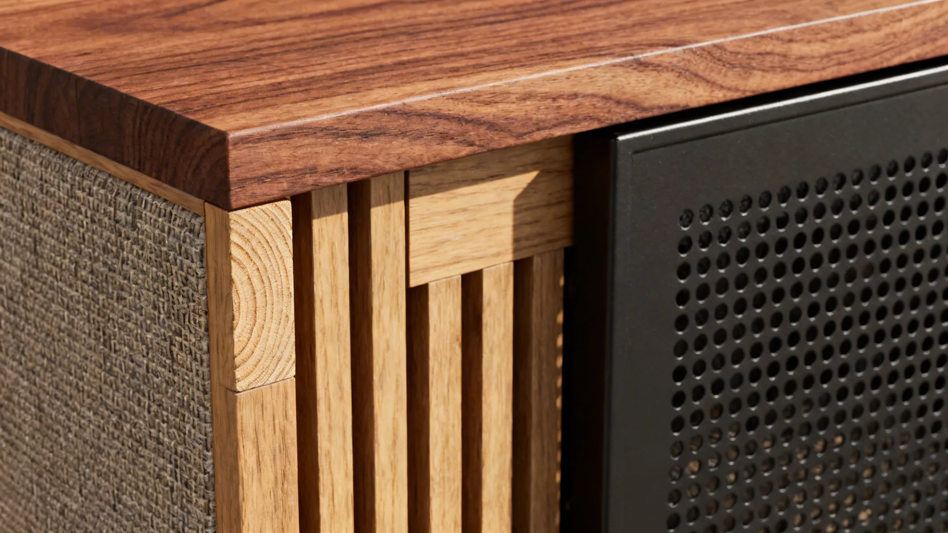 Close-up of walnut and oak next to a perforated metal door and a fabric speaker grille on a media cabinet.