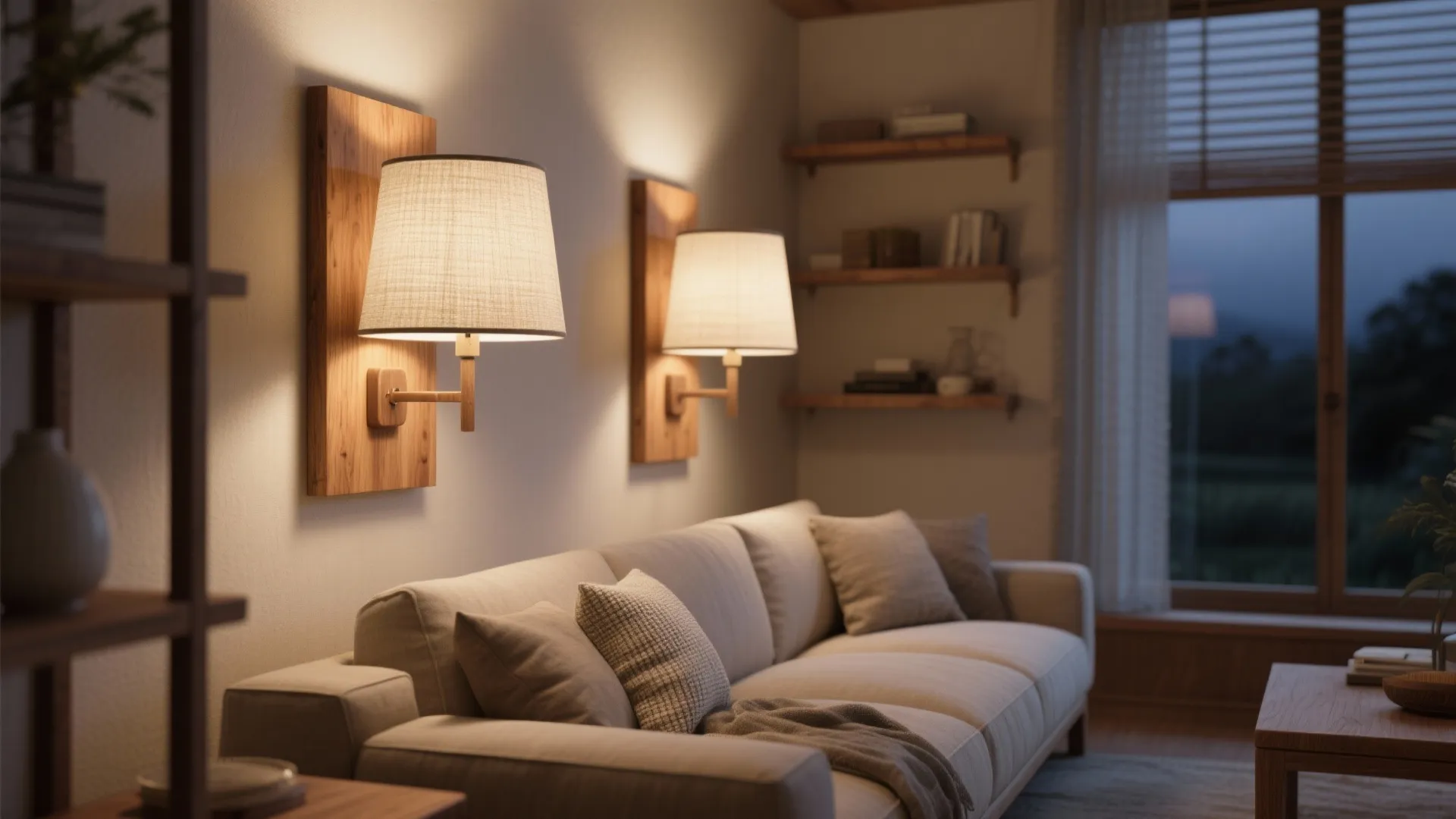 Warm wood and fabric shades for cozy ambiance