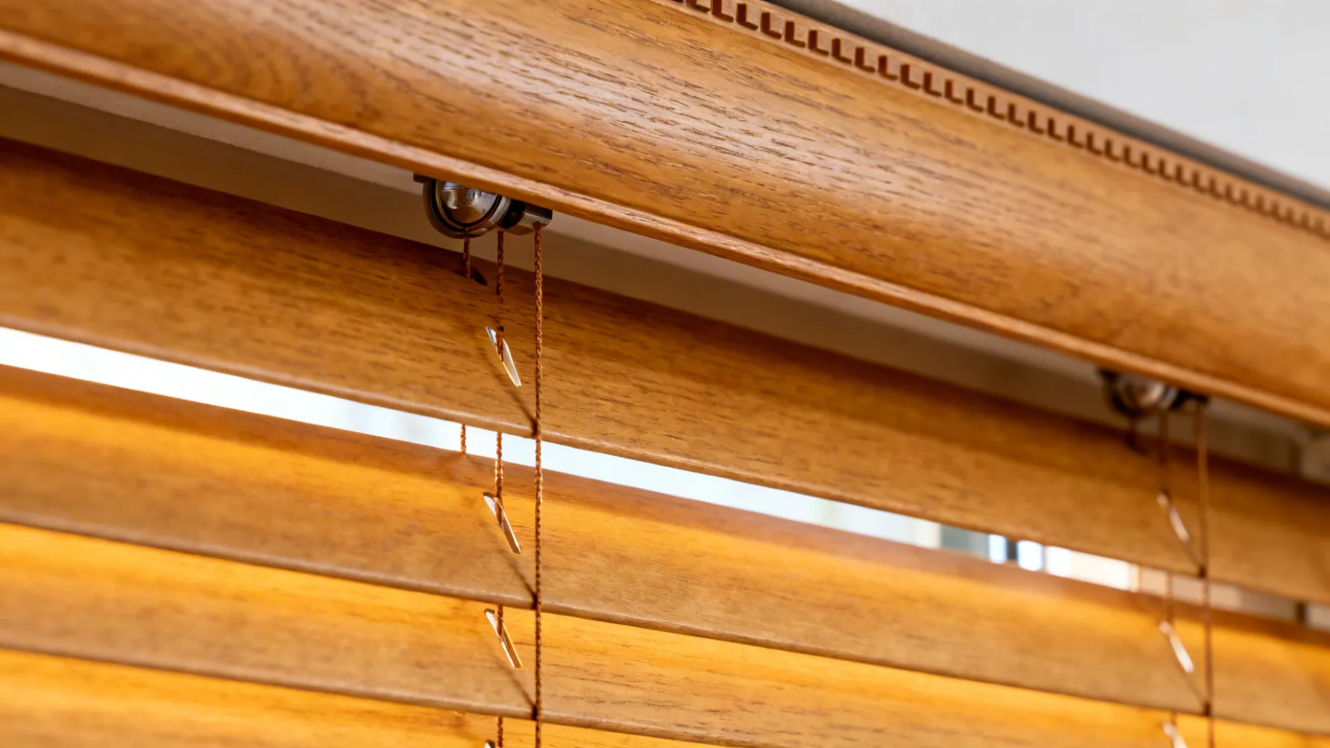 Close-up of warm wood and faux-wood blind slats with reinforced headrail and adjustable tilt.