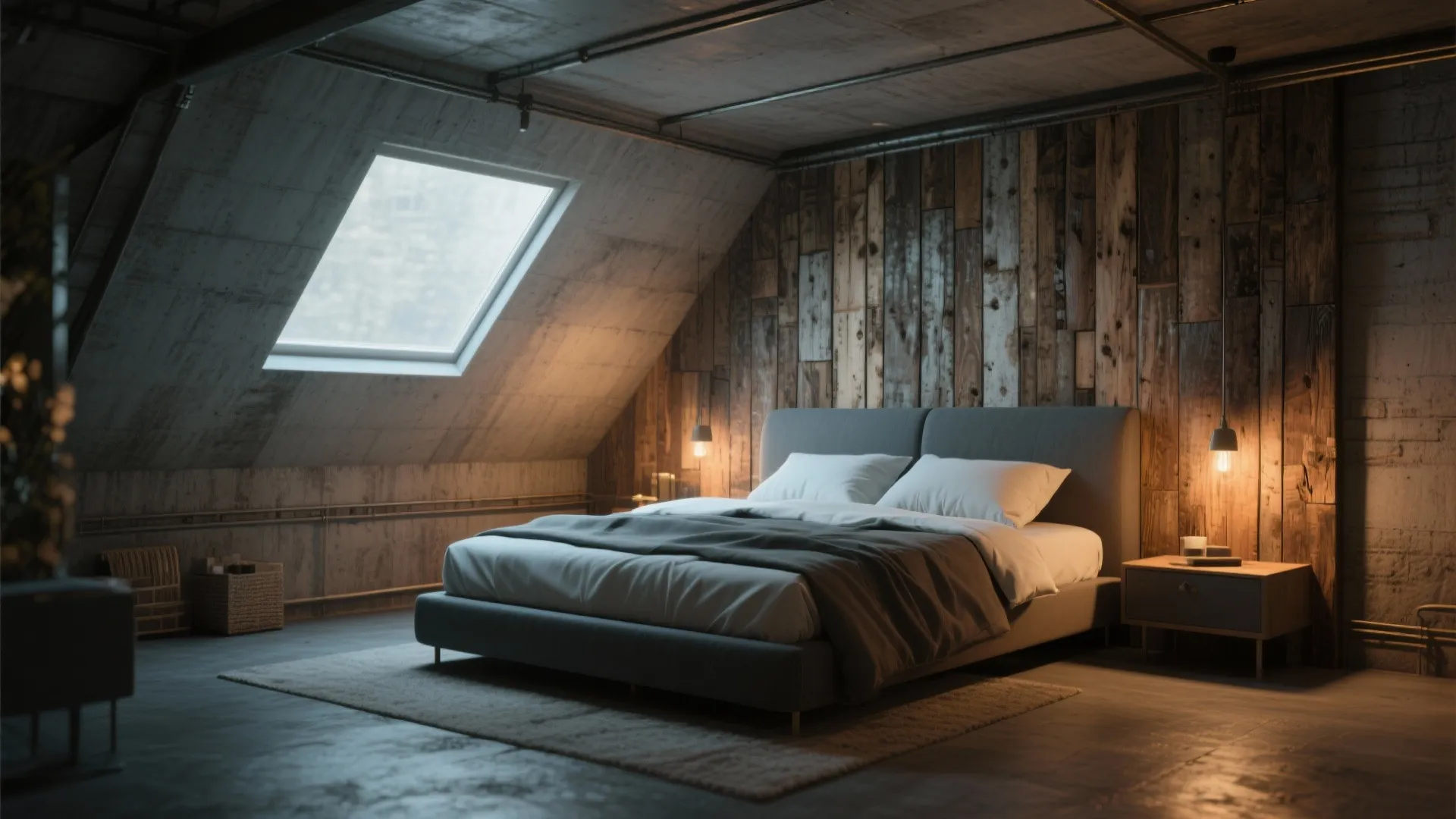 Industrial attic bedroom with wood wall panel concrete ceiling roof window and dark grey cozy bed