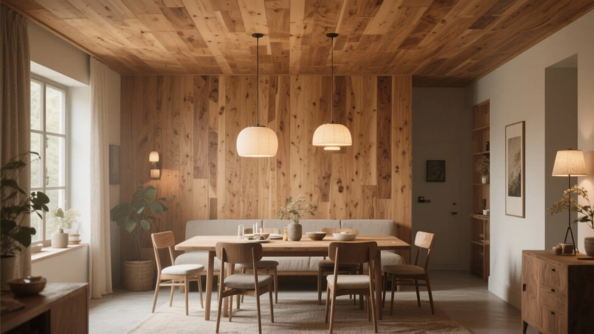 Dining room with warm wood paneled false ceiling for a cozy feel