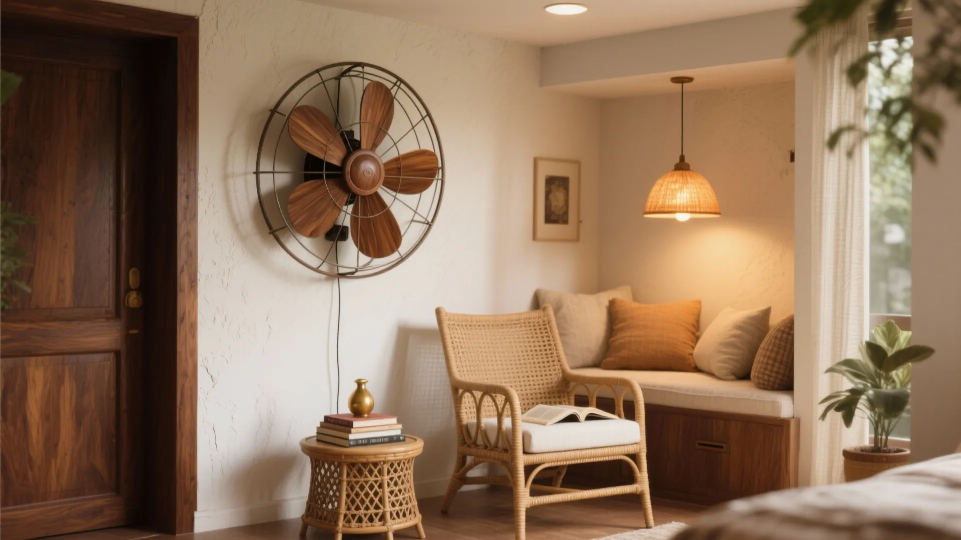 Cozy reading nook with a walnut-look designer wall fan, rattan chair, and warm ambient light.