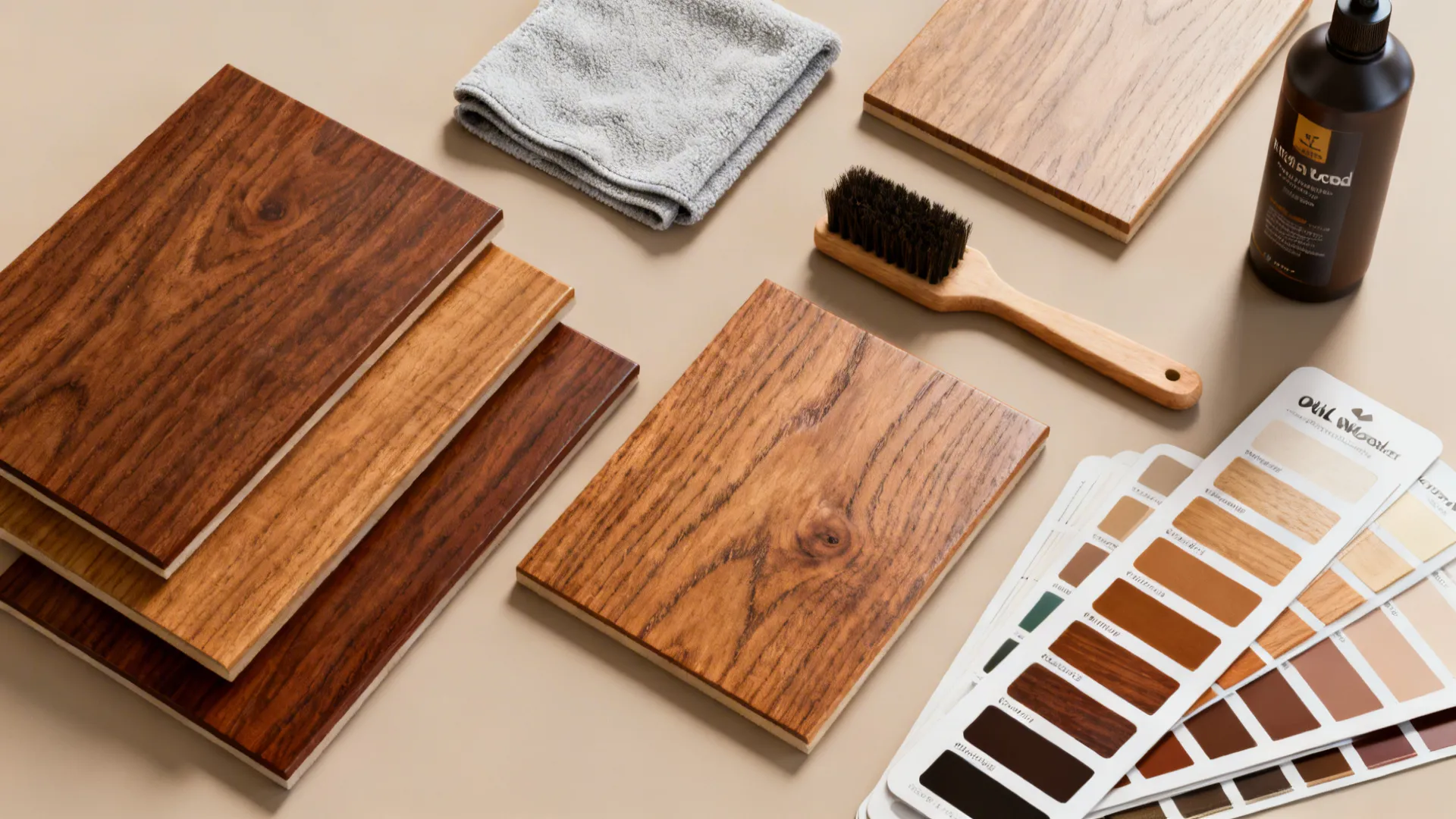 Wood finish samples in different colors with a cleaning brush towel and liquid care bottle