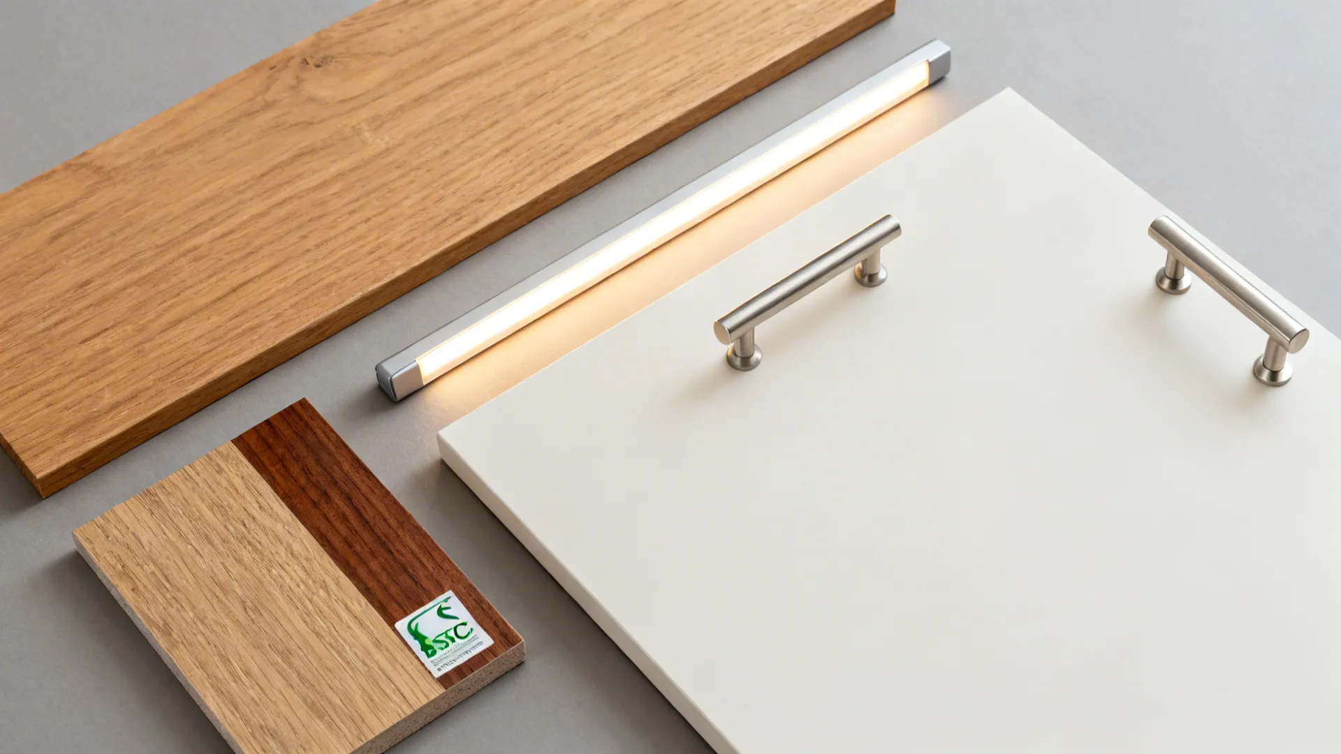 Flat lay of wood samples white cabinet door with metal handles and a light fixture strip