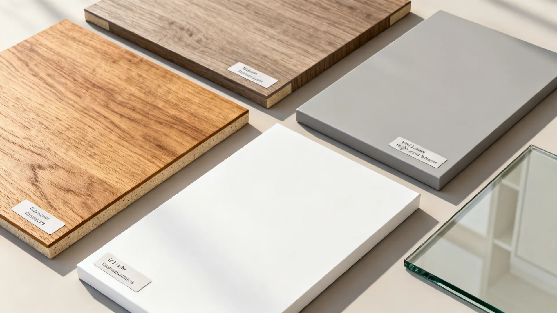 Flat lay of warm oak and ash veneers, HPDL swatches, matte cabinet fronts, and low-iron glass.