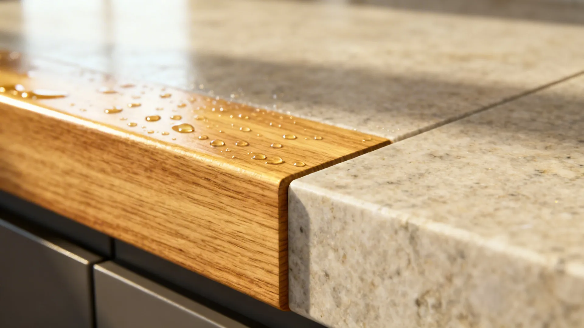 Macro of ash wood edge with water-beading finish and tight join to stone top.