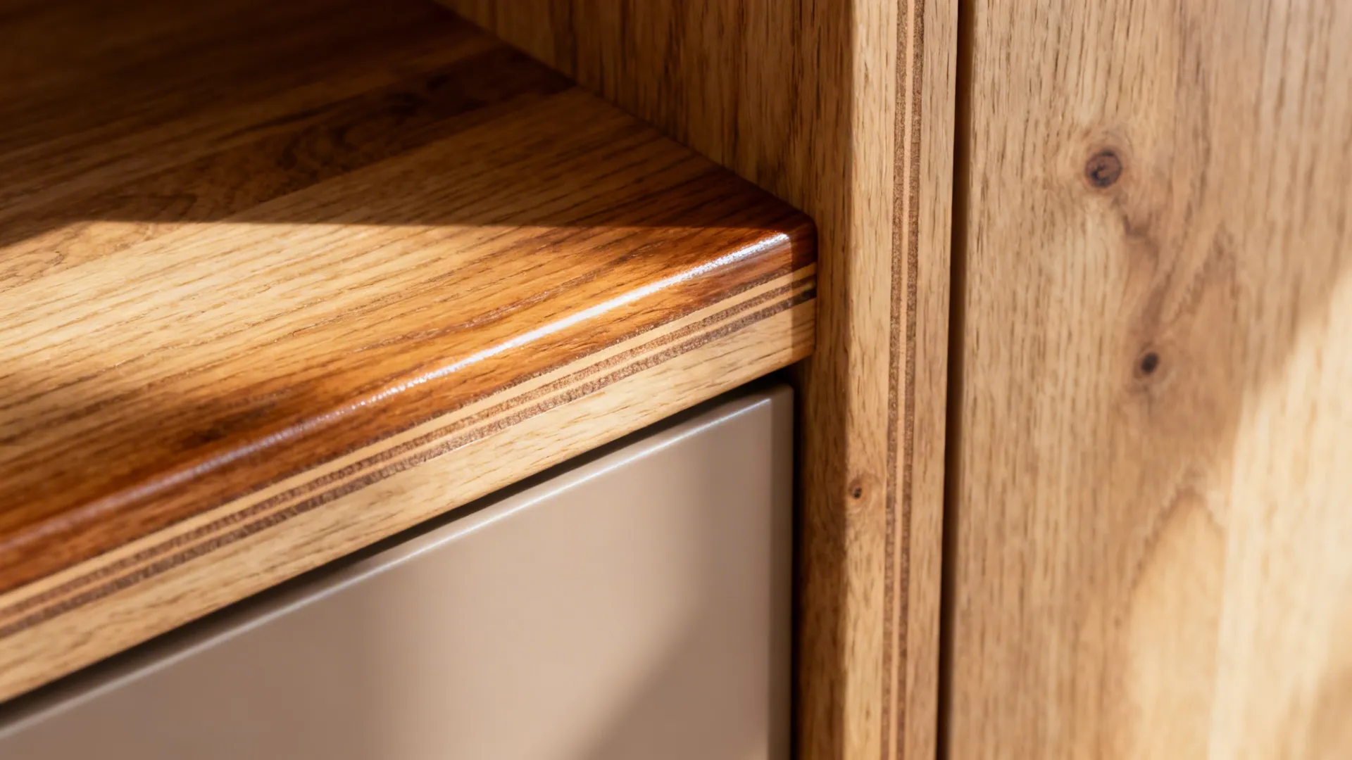 Macro of rift-cut oak shelf with durable conversion varnish beside a matte cabinet panel.