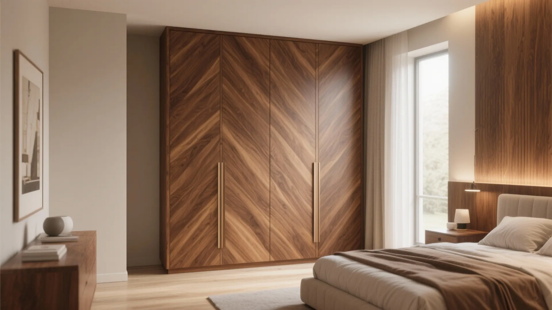 Bedroom interior featuring a large wooden wardrobe with herringbone pattern near a bed and window