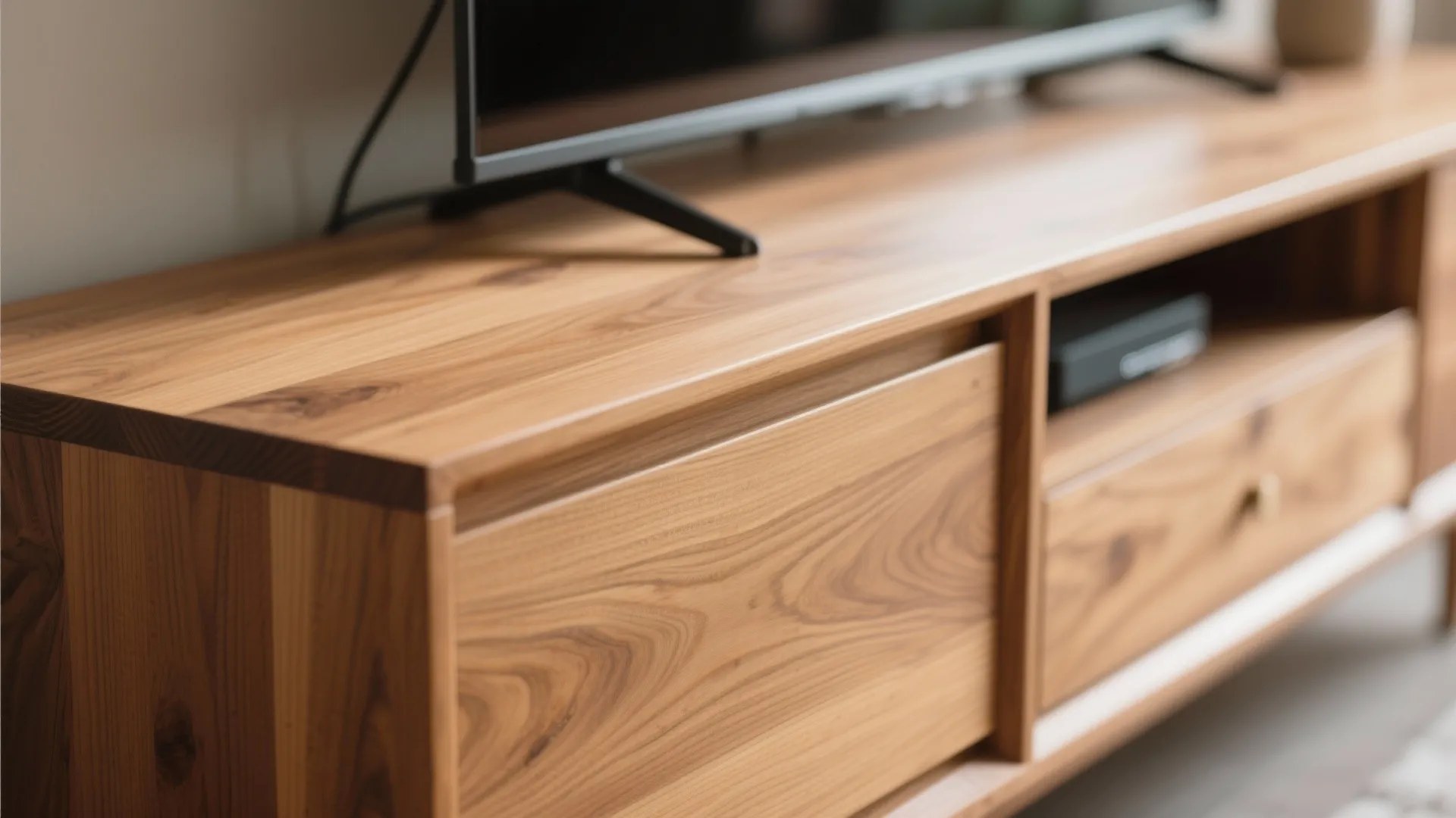 Close up view of a natural wood TV cabinet showing wood grain texture and drawers
