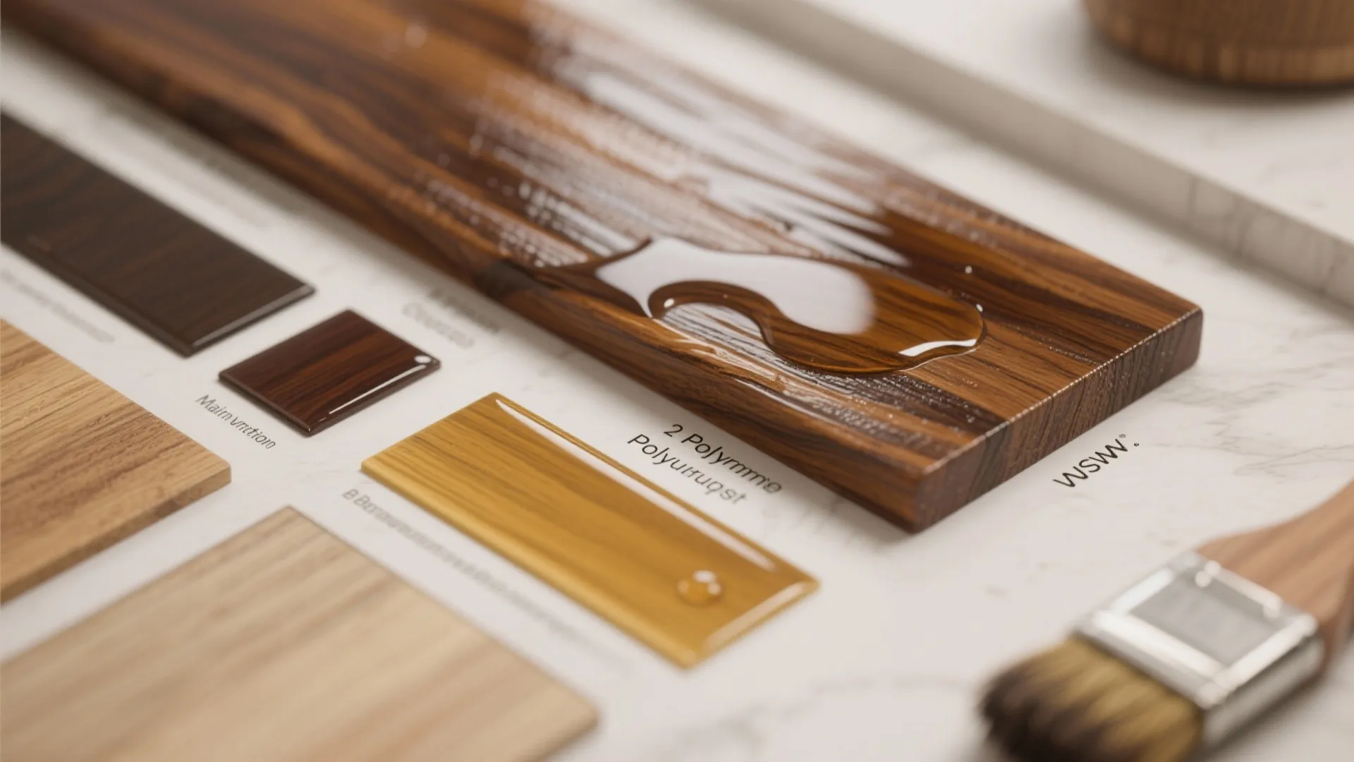Close up of wood finish samples with liquid coating and a brush on white marble