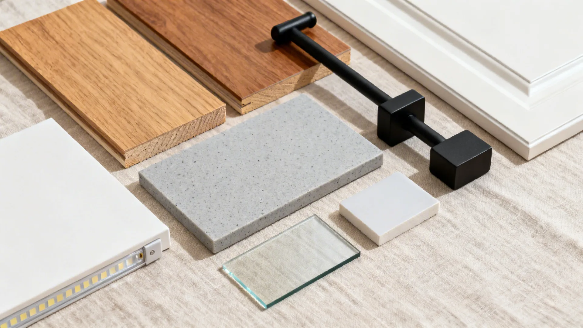 Flat lay of wood-look laminates, veneer, matte black hardware, and light gray countertop samples.