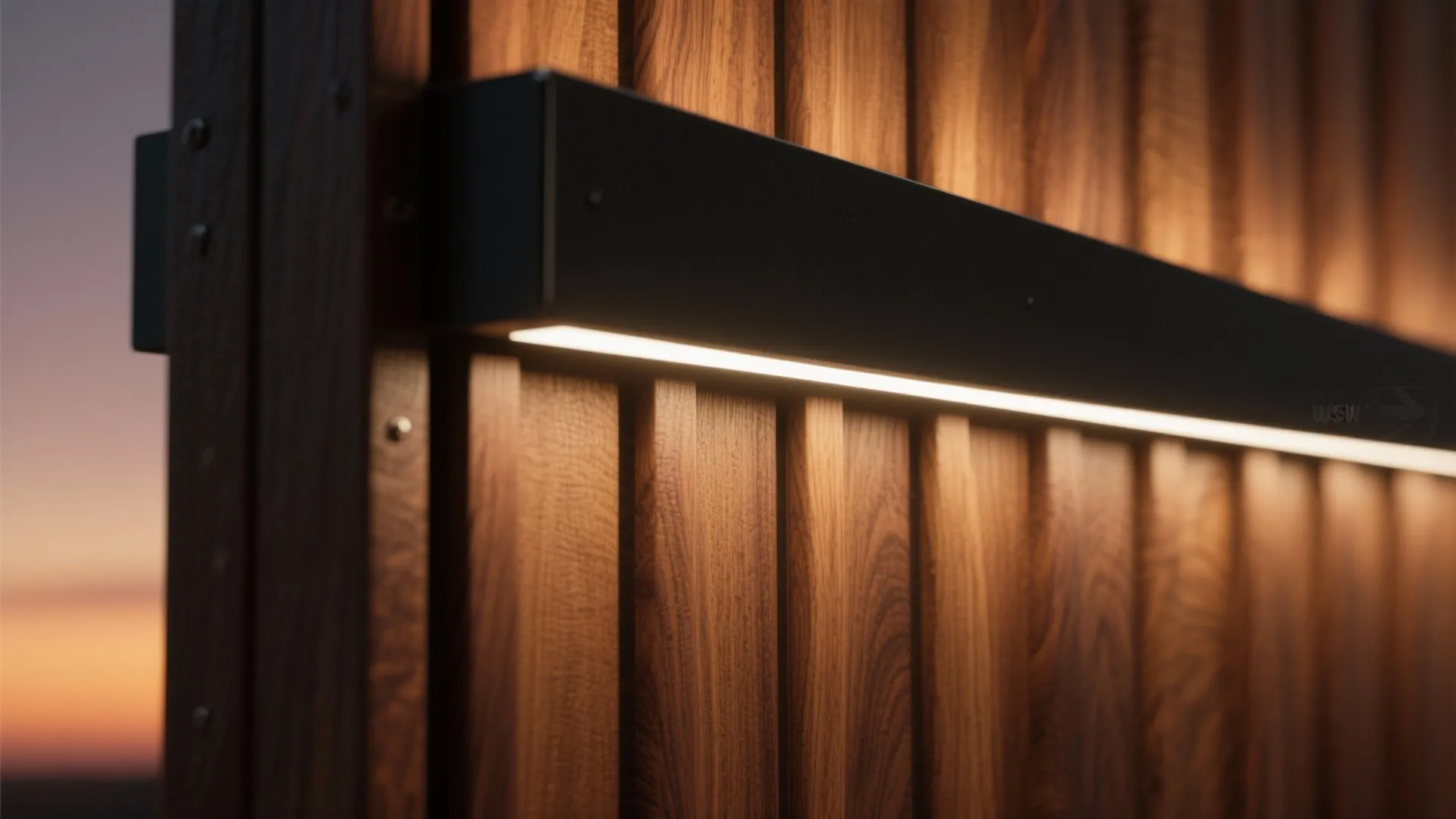 Modern black wall light fixture mounted on vertical wood wall panel with warm orange glow