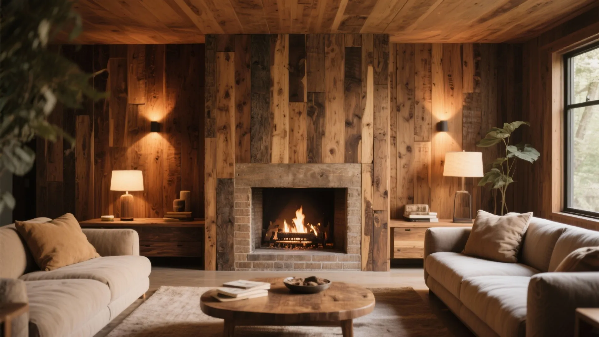 Reclaimed teak-clad fireplace in a cozy living room