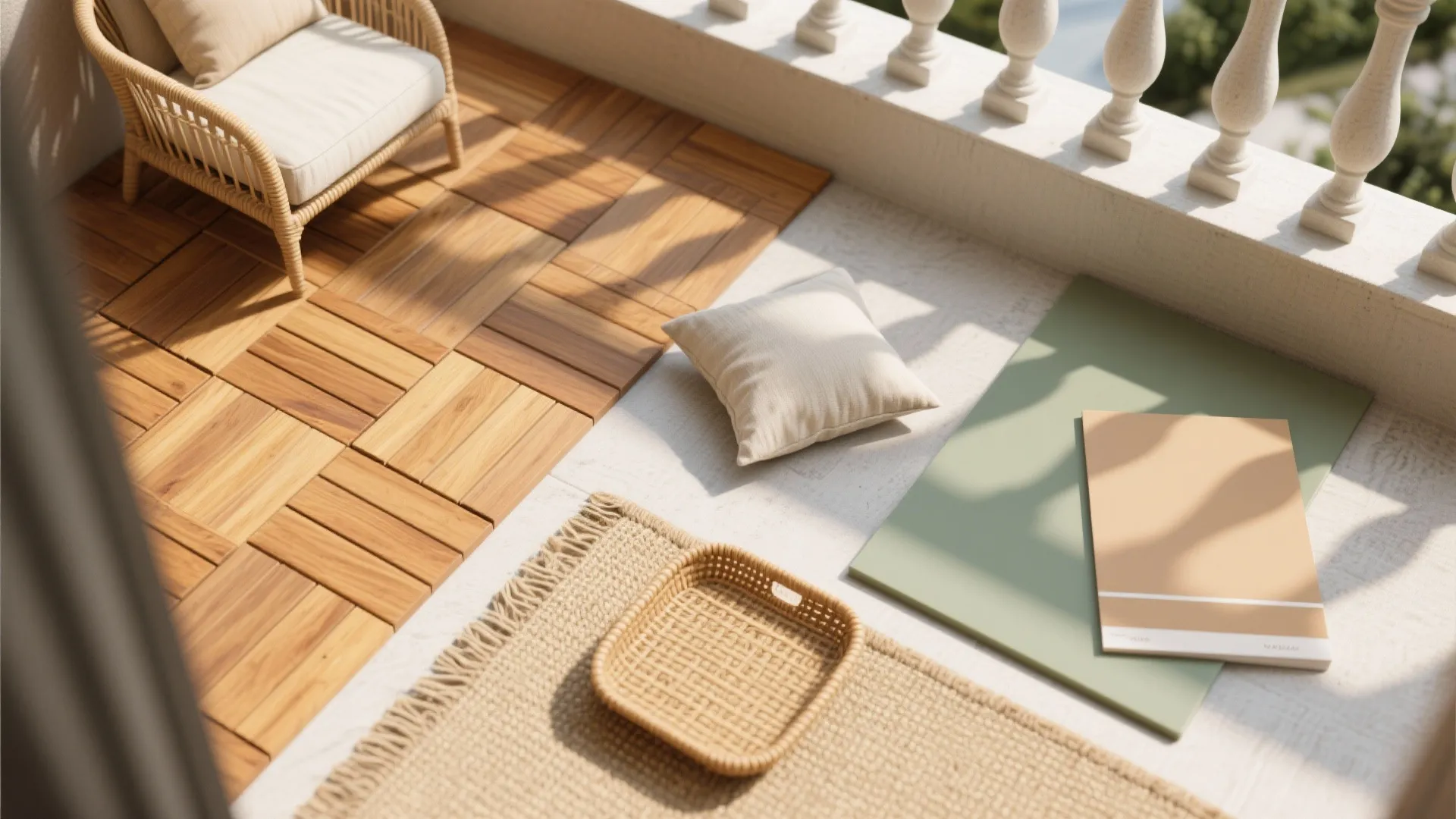 Top view of balcony floor with wooden tiles woven rug wicker chair and small green mat
