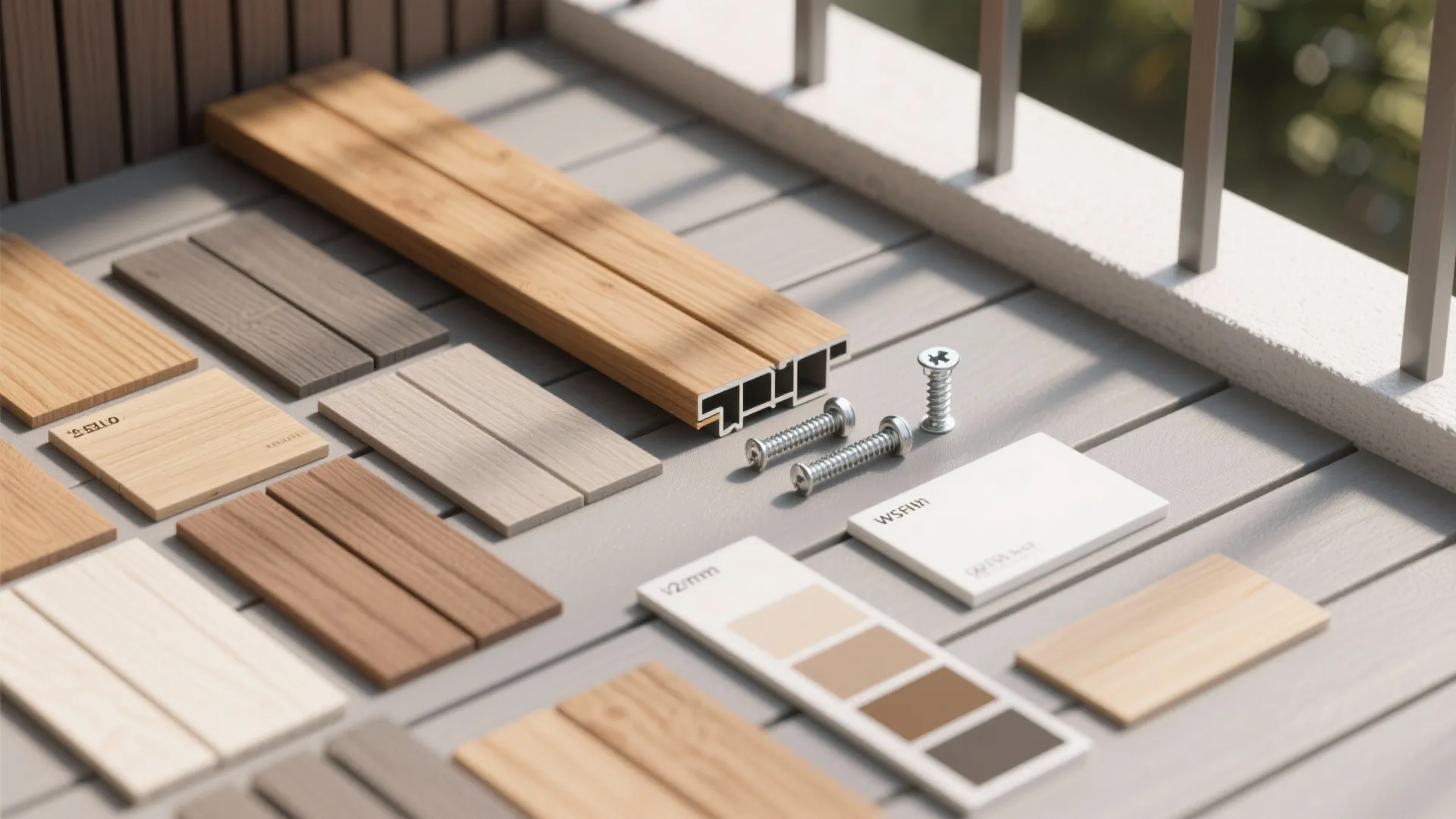Various wood floor samples and metal screws arranged on a balcony floor for interior design
