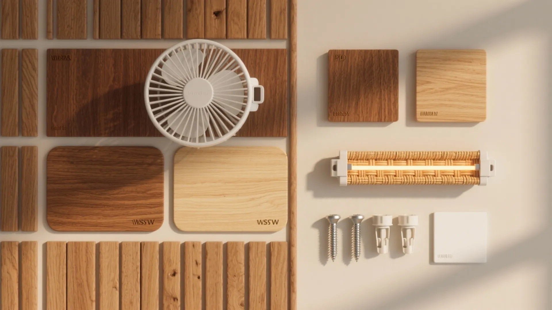 Flat lay of walnut and oak swatches, rattan, LED strip, and wall plugs for a cozy fan palette.